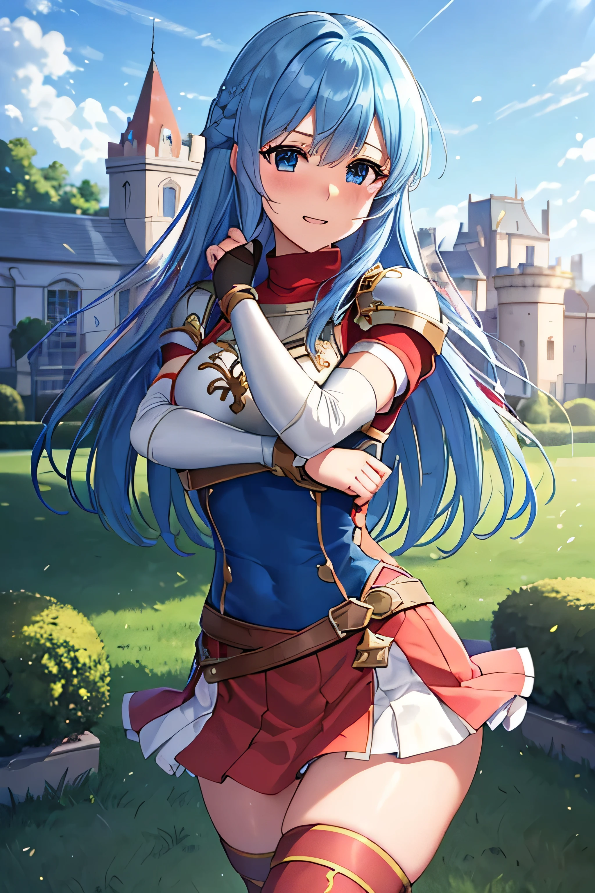 (top-quality, 8k, masterpiece,   best image quality, ,  Super Details , , (  Delicate Smooth Skin  ,  REAL-LIKE SKIN,   perfect and beautiful face ,Perfect and pretty face,  High Detail Skin , Perfect body)),  1 girl , armor ,  ass focus  ,  blue eyes ,castle town、 ,(( Embarrassing Shy Laugh , Face is bright red)), Fingerless gloves , Arm guard、shoulder arm  ,  , Long Blue Hair , Cute gestures ,  medium chest  ,  Pegasus Knight Uniform ( Fire Emblem ) , red and white flare skirt、 Alone , skirt flips up in the wind  、Castle Inner Garden 、 stick your butt out 、 behind a large school building、look back  , Mitsuba ,Arms to chest pose , Massacre ( Fire Emblem )