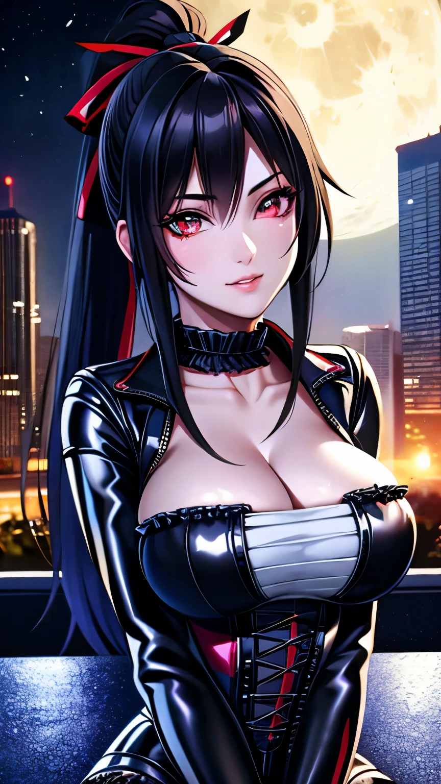 red eyes, (highest quality, masterpiece painting:1.3), immature woman, , (half body shot), masterpiece, ultra high resolution, (Photoreal:1.0), black hair, ponytail, straight hair, beautiful shining hair, white and shining skin, ((Ultra realistic details)), octane rendering, highly detailed face, (big breasts:0.8), complete pilotsuit, adjusted pilotsuit, (red pilotsuit),cleavage, perfect body, soft skin, anime face, perfect face, perfect eyes, looking at the viewer, smart, deep in the night, Moon Night, The rooftop of a building overlooking the city, Night sky with the moon shining, photon mapping, Radio City, ((fantastic night)), ((outdoors)), sharp focus, intricate details, professional artwork, (bright colors:1.1), bright colors, diffused lighting, digital blending, ultra-definition body, ultra detail hair, super detailed face, trending on pixiv, top button open, Cute gaze, compensate, perfect lips, perfect compensate, Ultra-precision coating,  (glare :1.0), BREAK ((gothic lolita, cute punk fashion):1.3), (wear a long sleeve black latex jacket over a black corset:1.4), (collarbone:1.3), (black A-line multilayer tiered miniskirt with ruffles:1.3), (black latex overknee socks with garter belt:1.3), (black hight platform boots with heels:1.2), (choker with black plaid ribbon:1.3),