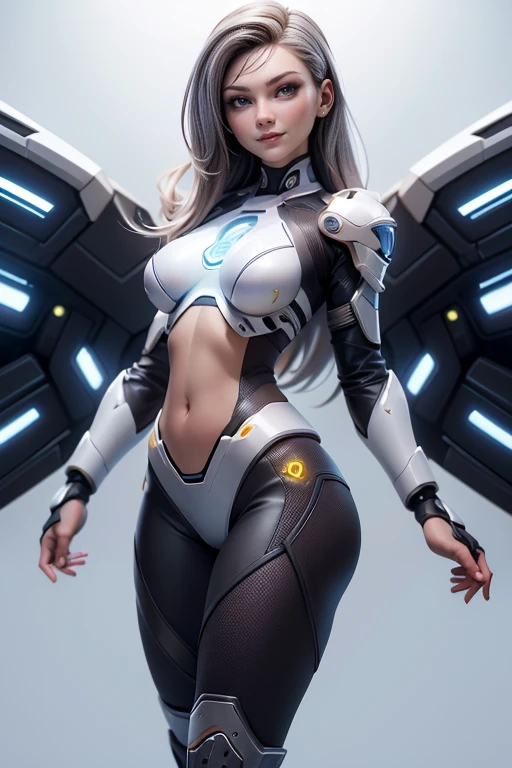 Arafed Woman in a white and yellow suit standing next to a machine, Eco de Overwatch, Retrato Anime Space Cadet Girl, como personaje de Overwatch, en armadura futurista blanca, Inspirado en Overwatch, girl in mecha cyber armor, Cyborg - Chica con cabello plateado, muslos gruesos y lisos de warframe, Desde Overwatch, Fanart Mejor ArtStation, Arte conceptual digital suave