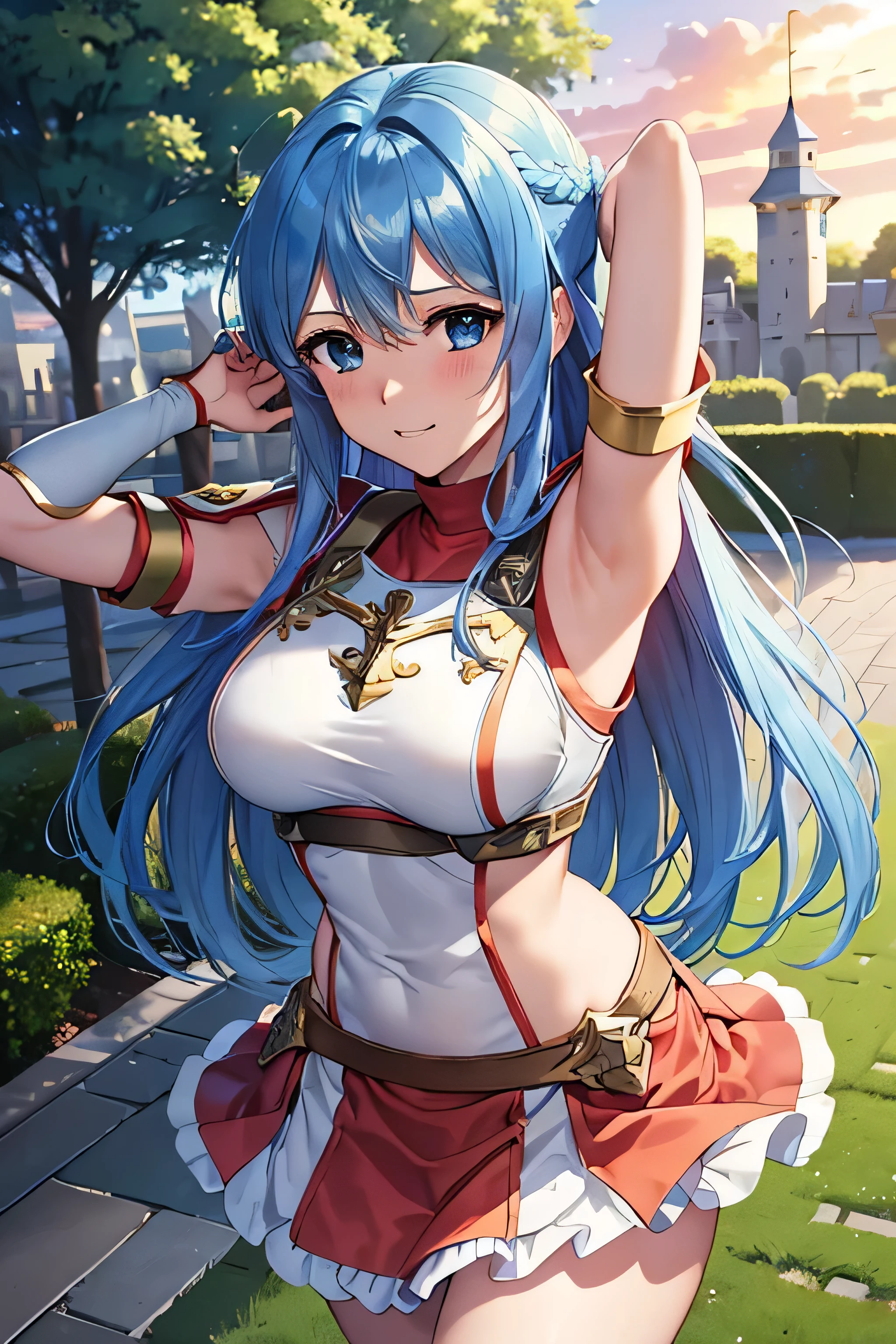 (top-quality, 8k, masterpiece,   best image quality, ,  Super Details , , (  Delicate Smooth Skin  ,  REAL-LIKE SKIN,   perfect and beautiful face ,Perfect and pretty face,  High Detail Skin , Perfect body)),  1 girl , armor ,  ass focus  ,  blue eyes ,castle town、 ,(( Embarrassing Shy Laugh , Face is bright red)), Fingerless gloves , Arm guard、shoulder arm  ,  , Long Blue Hair , Cute gestures ,  medium chest  ,  Pegasus Knight Uniform ( Fire Emblem ) , red and white flare skirt、 Alone , skirt flips up in the wind  、Castle Inner Garden 、 stick your butt out 、 behind a large school building、look back  , Mitsuba ,Arms to chest pose , Massacre ( Fire Emblem )