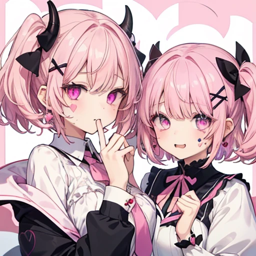 Details、ultra-detailliert、masterpiece、top-quality、Beautiful fece、A detailed eye、 (Two girls:1.4)、Two succubi、(twinsies:1.2)、(natta:1.2)、short-haired、(Pink ribbon:1.1)、(Two-side-up)、Pink tie、pink bra、耳Nipple Ring、(student clothes.1.1)、Shady face、Light pink hair、(Pink Room)、malicious smile、Bruises and ugly facial features、Young features、(Lori:1.2)、long-sleeve、(fluffy sleeves fluffy hair、(Open your mouth and laugh)、、Short stature、Chiquita、Colossal tits、loli big boobs、(Put your hand on your face)、Buriko、Ruffled uniforms、hair clips、(Ridicule:1.1)、looking-down、Looking from below、Being looked down upon by girls、(Looking from below:1.2)、ultra gigantic tits、(Pink heart symbol:1.5)、(Mass of heart:1.5)、(Heart Effect:1.5)、(heart mark:1.5)、demon tail、Devil's Tail、Succubus、(ultra gigantic tits:1.3)、loli big boobs、(Tattoo of the heart:1.3)、Yodare、Devil's Tail、Boob Matching