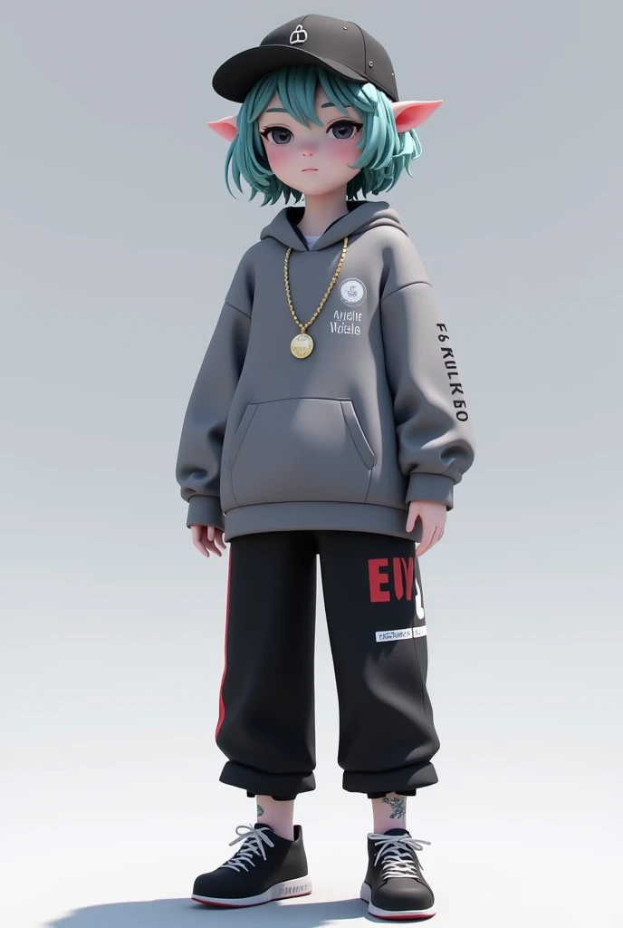 1girl,badge,bag,baseball cap,black headwear,chromatic aberration,closed mouth,clothes writing,full body,gradient,gradient background,grey background,hat,hoodie,jewelry,long sleeves,pointy ears,shadow,shirt,shoes,short hair,sneakers,solo,standing,sweater,tentacle hair