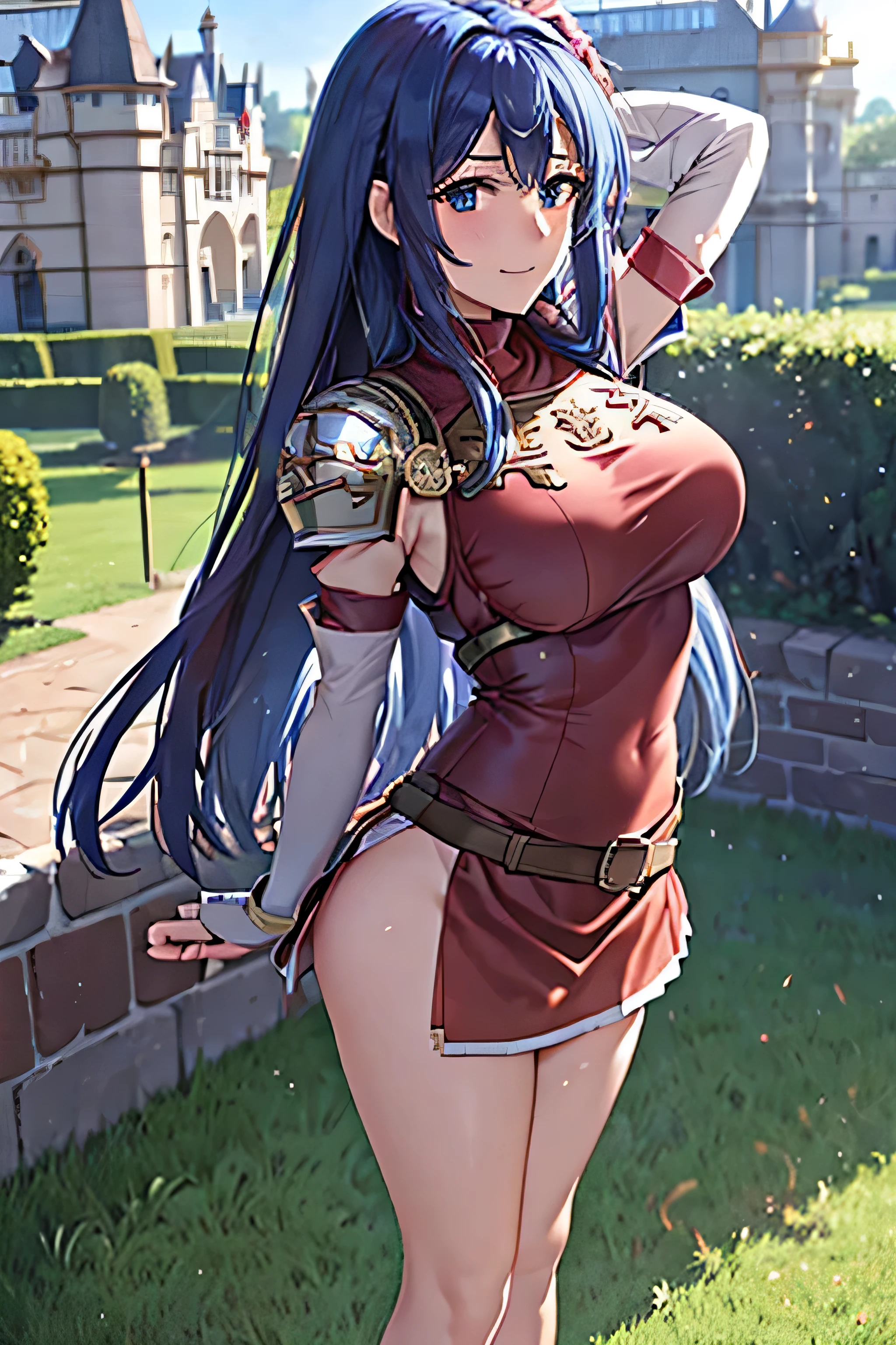 (top-quality, 8k, masterpiece,   best image quality, ,  Super Details , , (  Delicate Smooth Skin  ,  REAL-LIKE SKIN,   perfect and beautiful face ,Perfect and pretty face,  High Detail Skin , Perfect body)),  1 girl , armor ,  ass focus  ,  blue eyes ,castle town、 ,(( Embarrassing Shy Laugh , Face is bright red)), Fingerless gloves , Arm guard、shoulder arm  ,  , Long Blue Hair , Cute gestures ,  medium chest  ,  Pegasus Knight Uniform ( Fire Emblem ) , red and white flare skirt、 Alone , skirt flips up in the wind  、Castle Inner Garden 、 stick your butt out 、 behind a large school building、look back  , Mitsuba ,Arms to chest pose , Massacre ( Fire Emblem )