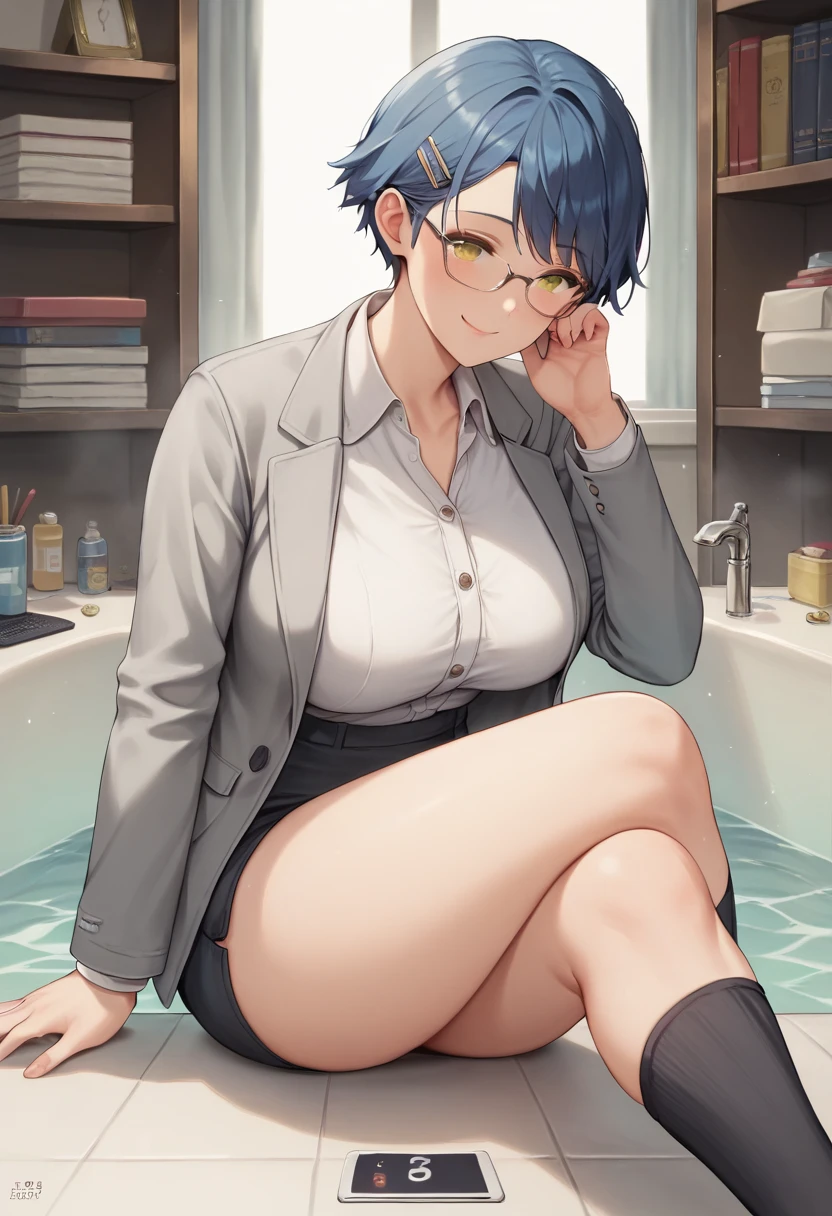 Secretary&#39;s attire, grey mini lock ,  white shirt,  grey jacket , Black socks, adult, Age 35, Beautiful woman,  blue hair,  short hair, Office haircut, Glasses,  Brown Eyes , beautiful  Brown Eyes ,  Blushing, Big smile,  is a very old woman, Big Breasts,  slender body sitting in a rock bath, Document clip in hand, masterpiece,  antique office background, Bookshelf