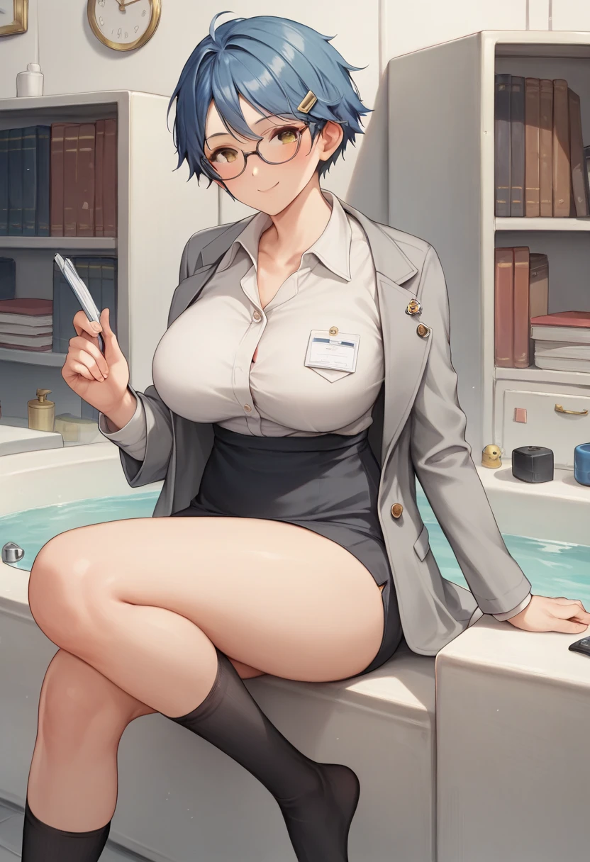 Secretary&#39;s attire, grey mini lock ,  white shirt,  grey jacket , Black socks, adult, Age 35, Beautiful woman,  blue hair,  short hair, Office haircut, Glasses,  Brown Eyes , beautiful  Brown Eyes ,  Blushing, Big smile,  is a very old woman, Big Breasts,  slender body sitting in a rock bath, Document clip in hand, masterpiece,  antique office background, Bookshelf