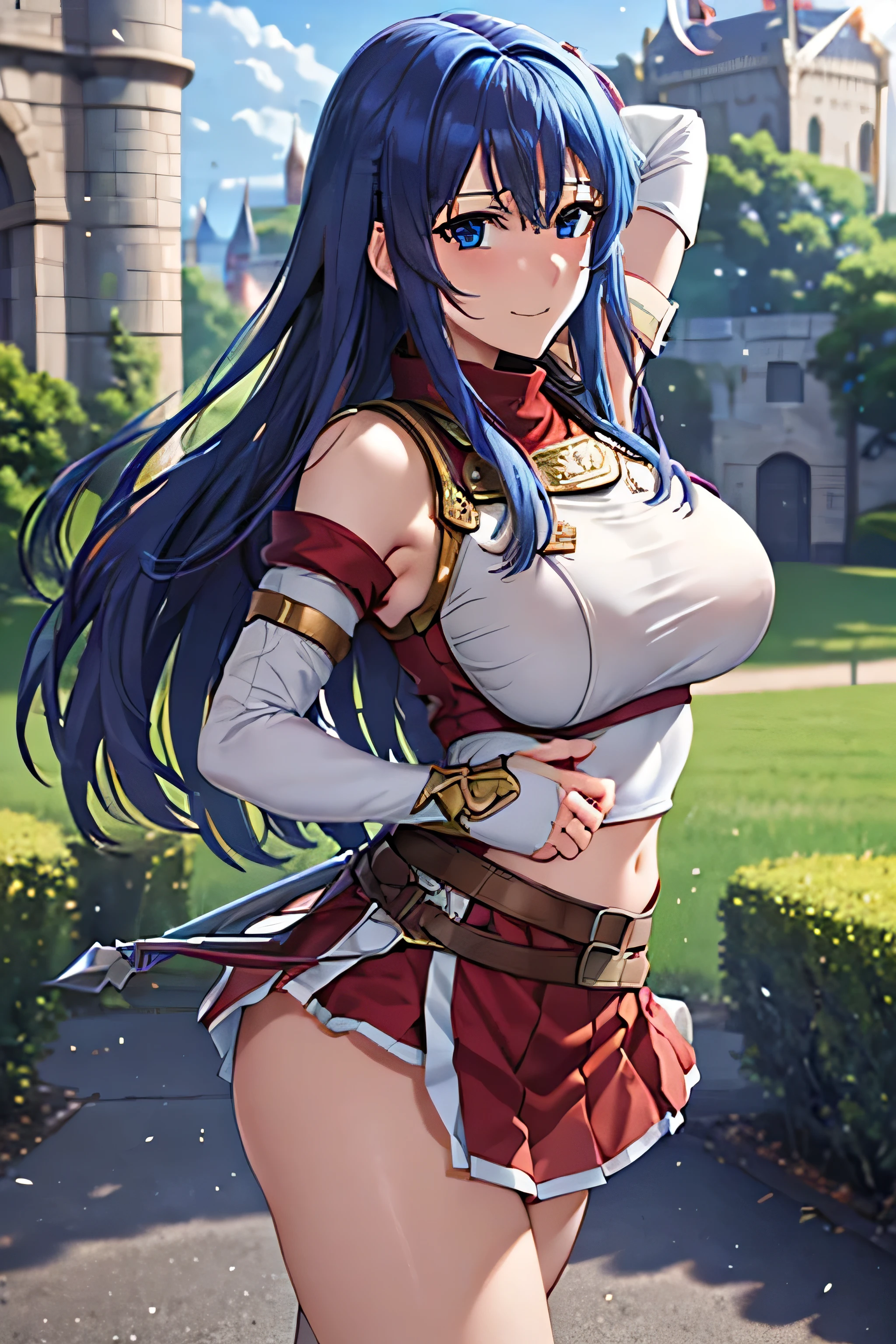 (top-quality, 8k, masterpiece,   best image quality, ,  Super Details , , (  Delicate Smooth Skin  ,  REAL-LIKE SKIN,   perfect and beautiful face ,Perfect and pretty face,  High Detail Skin , Perfect body)),  1 girl , armor ,  ass focus  ,  blue eyes ,castle town、 ,(( Embarrassing Shy Laugh , Face is bright red)), Fingerless gloves , Arm guard、shoulder arm  ,  , Long Blue Hair , Cute gestures ,  medium chest  ,  Pegasus Knight Uniform ( Fire Emblem ) , red and white flare skirt、 Alone , skirt flips up in the wind  、Castle Inner Garden 、 stick your butt out 、 behind a large school building、look back  , Mitsuba ,Arms to chest pose , Massacre ( Fire Emblem )