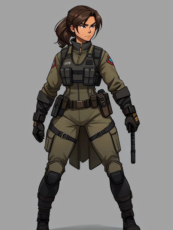 brown hair hazel eyes solo muscular girl toned body perky breasts empty eyes frown thick pale skin ((shooting range weapon gun firearm tactical gear shooting range weapon gun firearm tactical gear shooting range weapon gun firearm tactical gear))