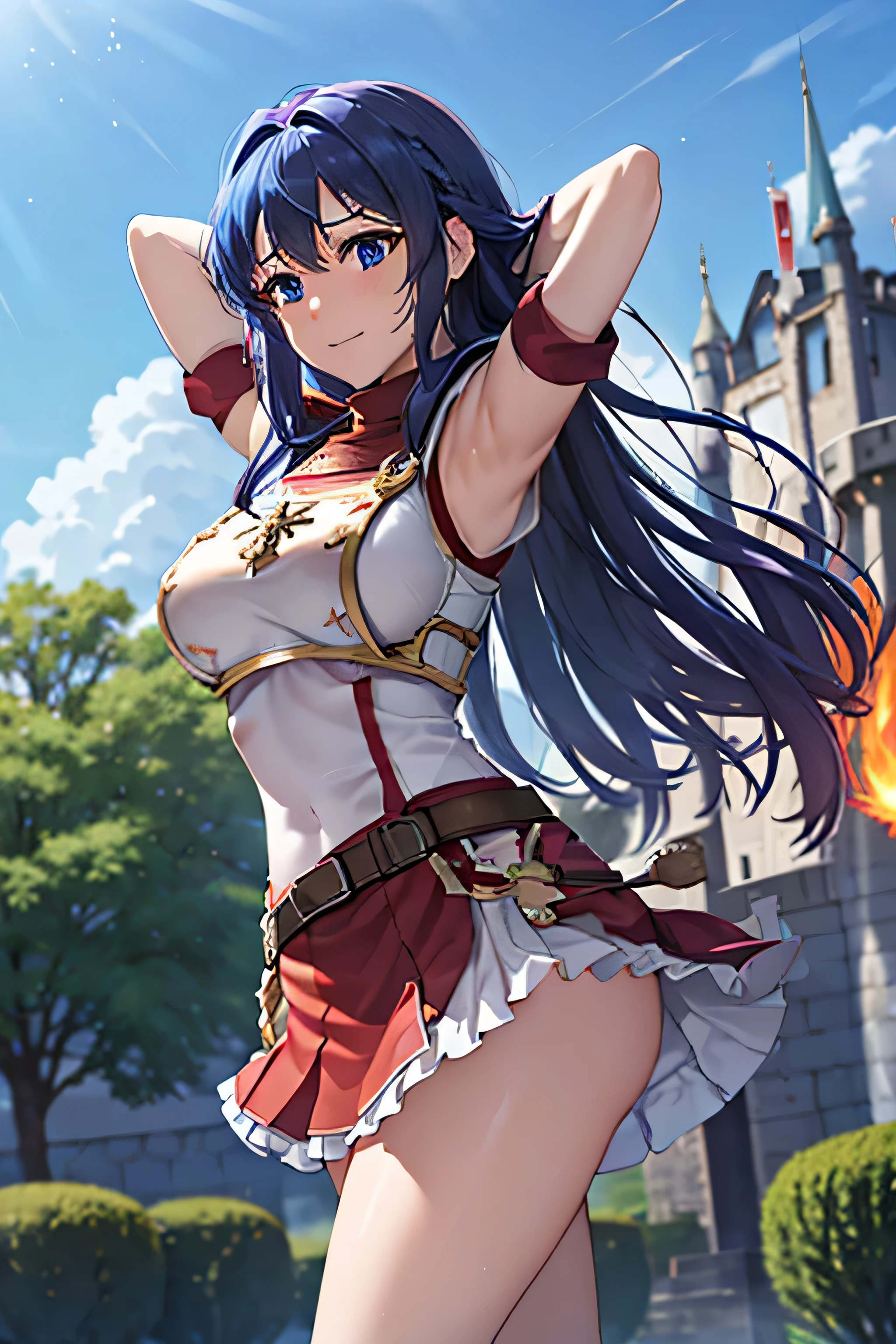 (top-quality, 8k, masterpiece,   best image quality, ,  Super Details , , (  Delicate Smooth Skin  ,  REAL-LIKE SKIN,   perfect and beautiful face ,Perfect and pretty face,  High Detail Skin , Perfect body)),  1 girl , armor ,  ass focus  ,  blue eyes ,castle town、 ,(( Embarrassing Shy Laugh , Face is bright red)), Fingerless gloves , Arm guard、shoulder arm  ,  , Long Blue Hair , Cute gestures ,  medium chest  ,  Pegasus Knight Uniform ( Fire Emblem ) , red and white flare skirt、 Alone , skirt flips up in the wind  、Castle Inner Garden 、 stick your butt out 、、look back  , Mitsuba ,Arms to chest pose , Massacre ( Fire Emblem )