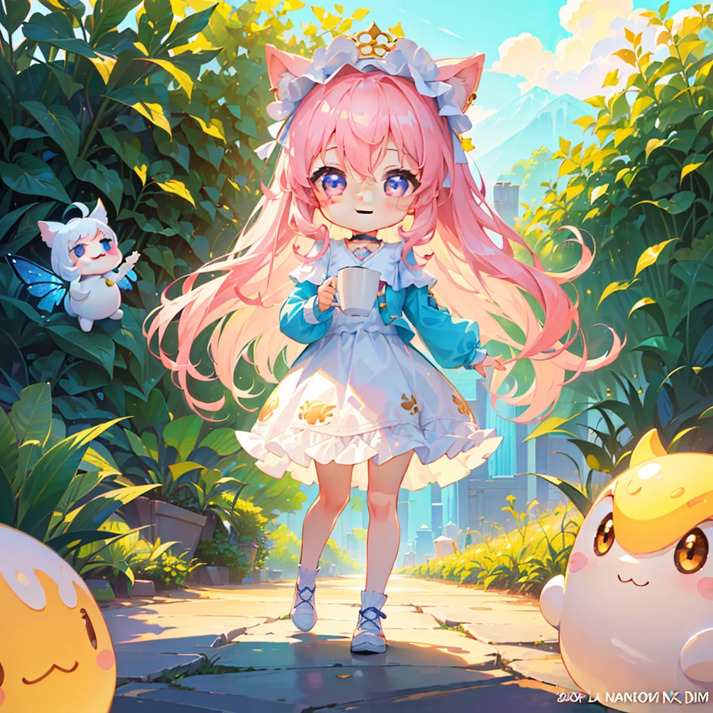 1girl,(((The best composition、Best Quality、 masterpiece、 OFFICIAL ART、Super detailed、 high definition、Soft sunlight))))、Chibi Mascot 、Heartwarming、 Pastel、 Fairy Living in a Coffee Cup、 cute smile、 Colorful Marshmallow 、