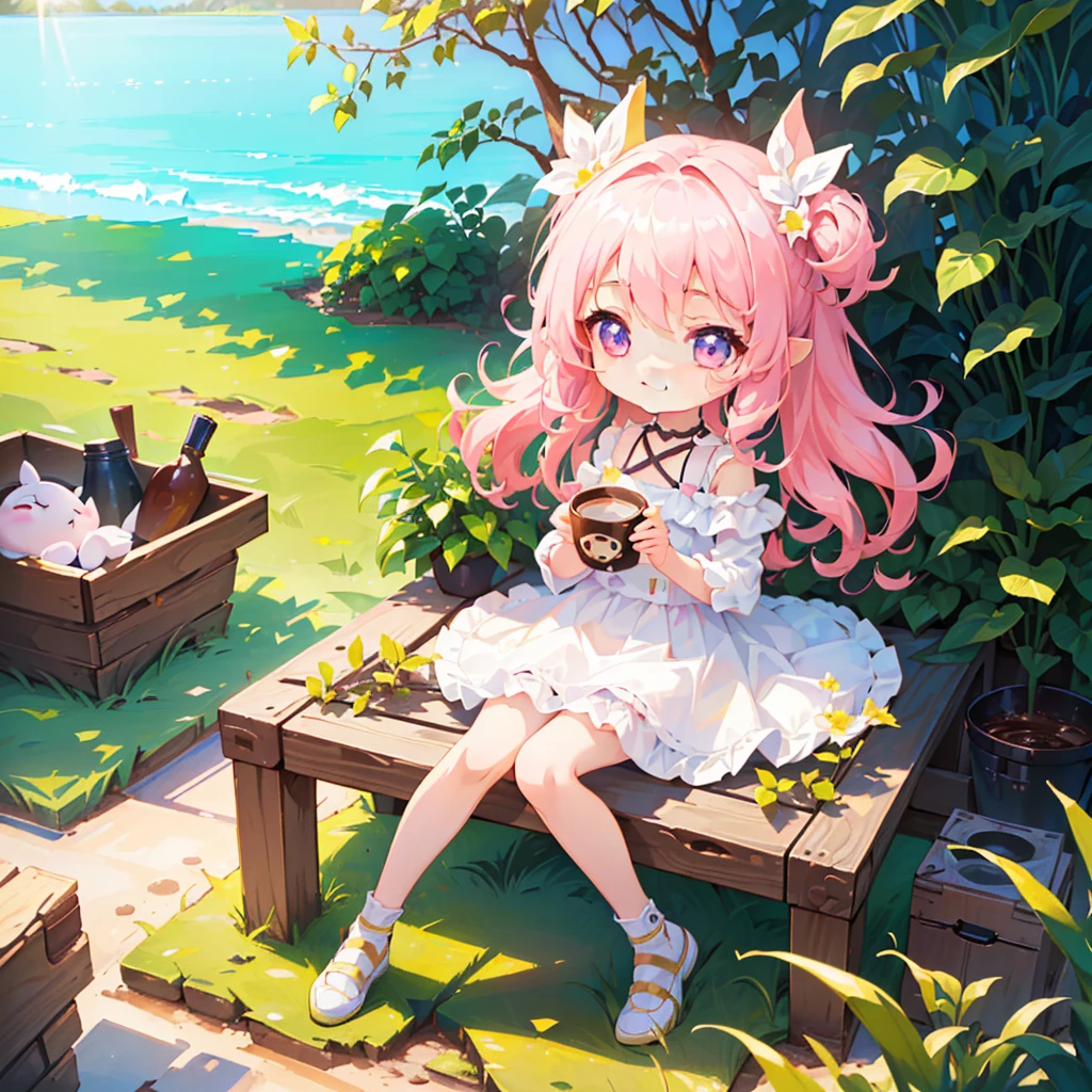 1girl,(((The best composition、Best Quality、 masterpiece、 OFFICIAL ART、Super detailed、 high definition、Soft sunlight))))、Chibi Mascot 、Heartwarming、 Pastel、 Fairy Living in a Coffee Cup、 cute smile、 Colorful Marshmallow 、