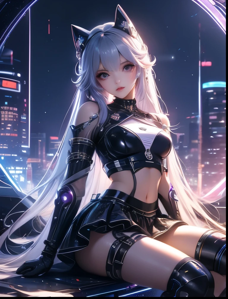 masterpiece, best quality, 1girl, ives , Mecha, beautiful lighting, (Neon light: 1.2), (night: 1.5), "masterpiece, best quality, 1girl, full body portrait, sensual pose, blue eyes, multicolored+silver hair:1.3+red:1.2+purple+yellow:1.3+green:1.3, sculpted legs and tempting curves, full breasts, pretty face, lots of water drops, cloud, Twilight, open shot, Watercolor, Neon light: 1.2, night:1.5, Mecha, beautiful lighting, bright neon light: 1.2, unforgettable mysterious night: 1.5"