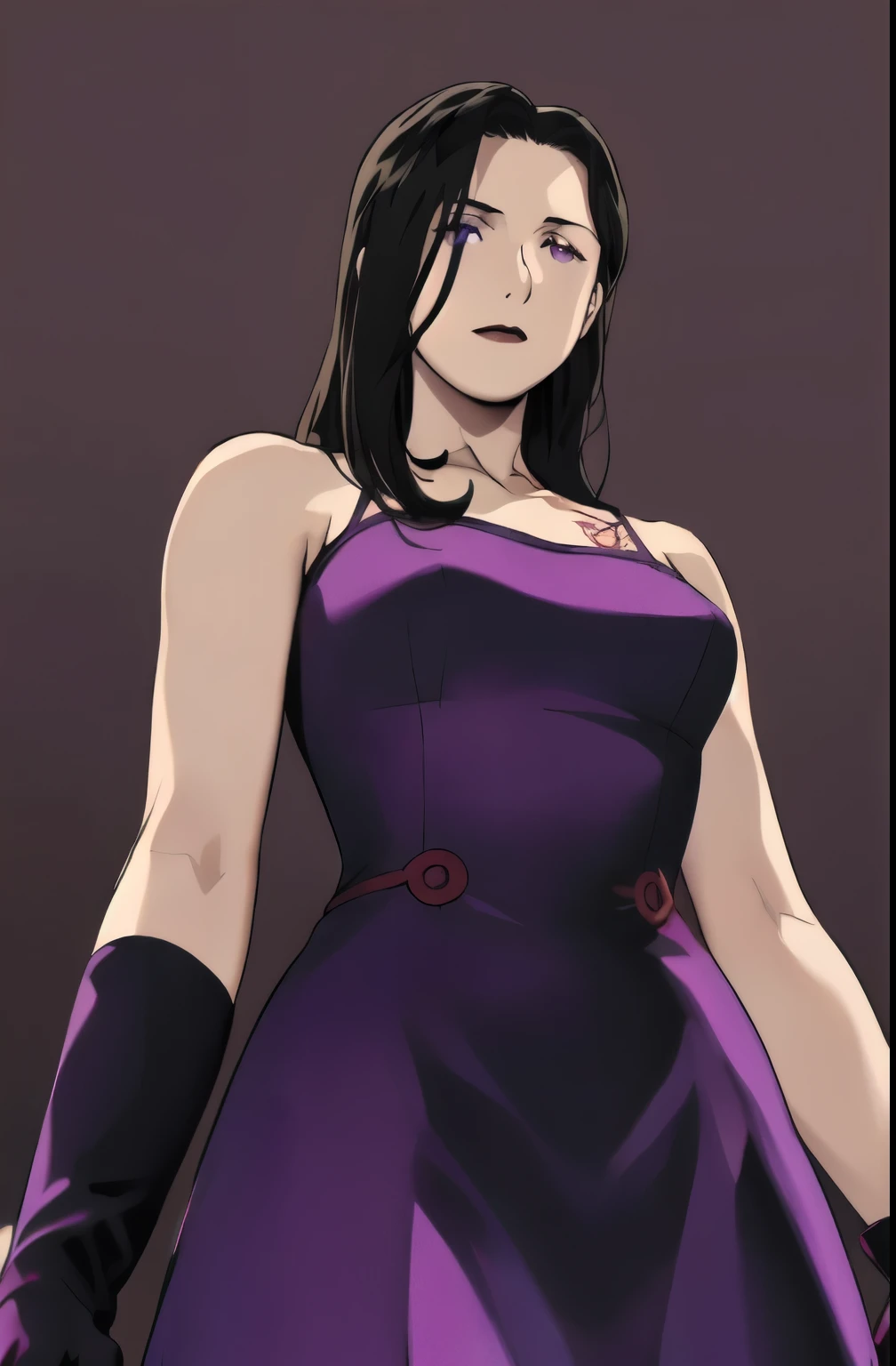 Fmasloth,  purple _ dress, sleeveless  dress,  bare shoulders, Bareneck, Gloves that extend to the upper arms ,  dark brown hair , Long Hair,  purple  eyes, masterpiece, Best Quality,  absurd,  viewers from below,  Confident Expression ,holding a male soldier