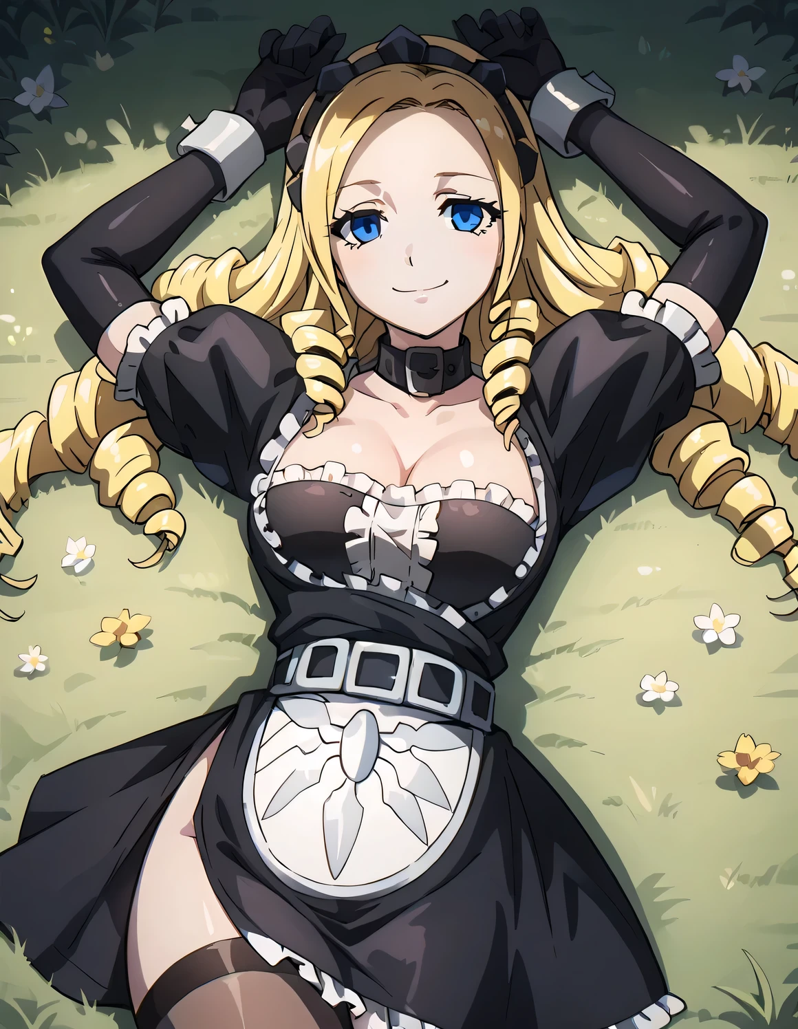 Solution_Epsilon, large breasts, blonde_hair, blue_eyes, drill_hair, empty_eyes, eyelashes, maid_maid_headdress_puffy_sleeves, black_collar, short_sleeves, elbow_gloves, black_gloves, wrist_cuffs, belt, white_maid_apron, print_maid_apron, miniskirt, frilled_skirt, taut_clothes, side_slit, brown_legwear, high quality, solo, lying, on back, arms up, spread arms, closed mouth, on grass, looking at viewer, cowboy shot, center, smile, best quality,