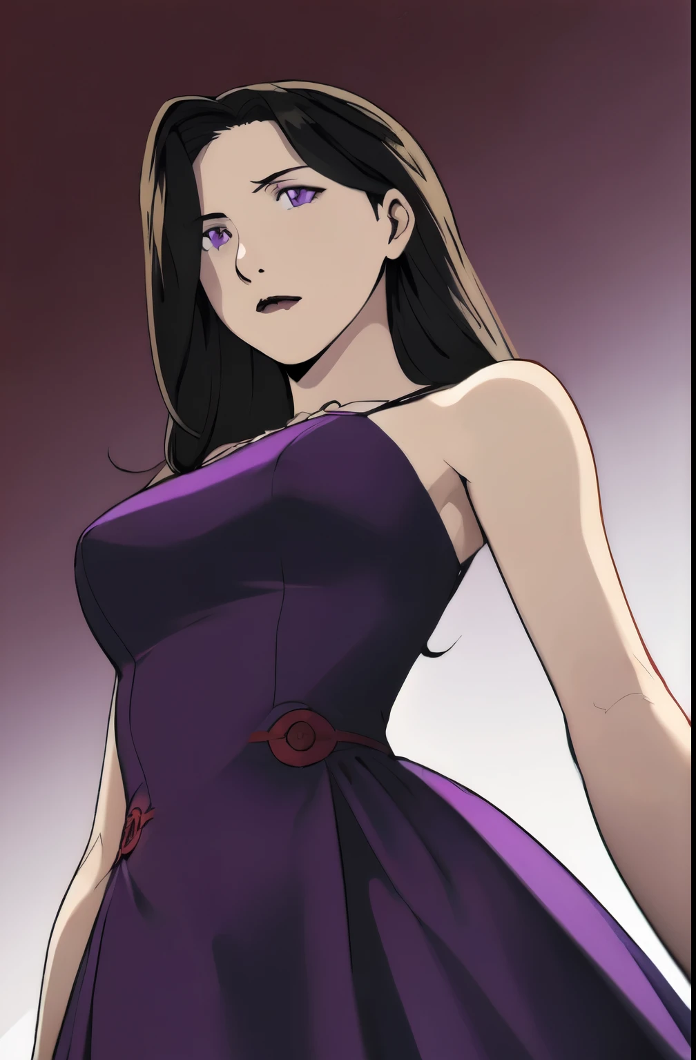 Fmasloth,  purple _ dress, sleeveless  dress,  bare shoulders, Bareneck, Gloves that extend to the upper arms ,  dark brown hair , Long Hair,  purple  eyes, masterpiece, Best Quality,  absurd,  viewers from below,  Confident Expression ,holding a male soldier