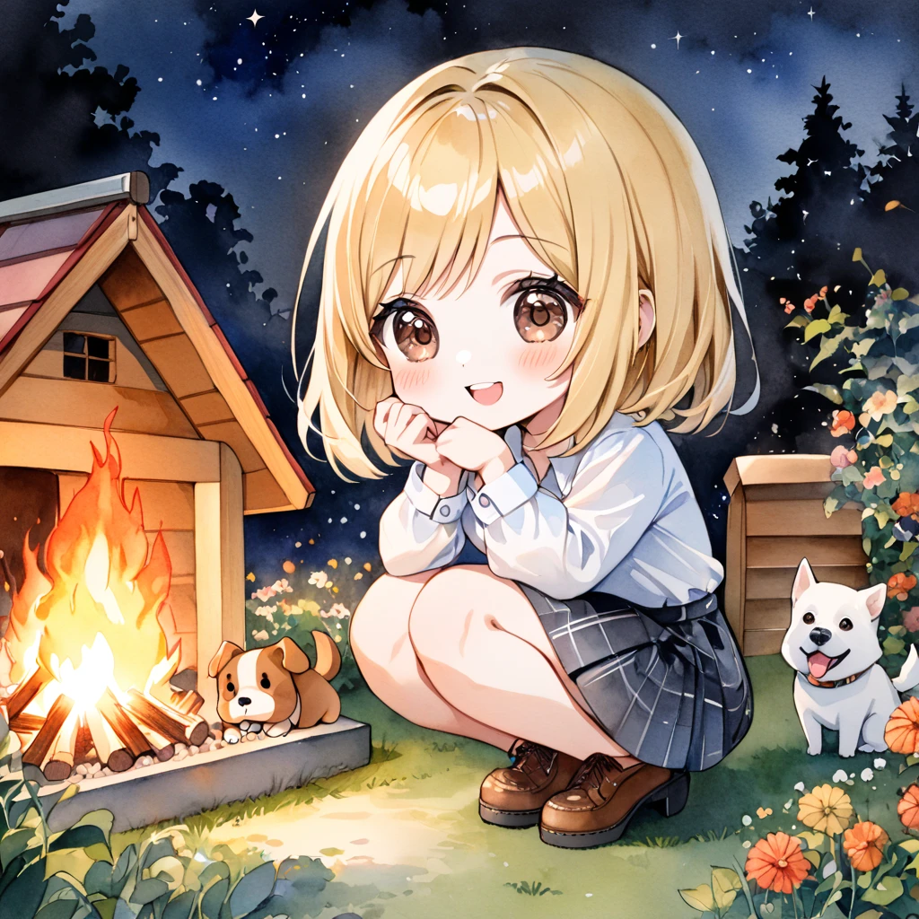 1girl, chibi, fair skin, blonde hair, bob cut, big droopy eyes, dark brown eyes,
night, garden, dog, doghouse, bonfire, long sleeves, business shirt, flare skirt,
many stardust, squatting, laughing,
watercolor, (masterpiece, best quality, hyper detailed:1.2),