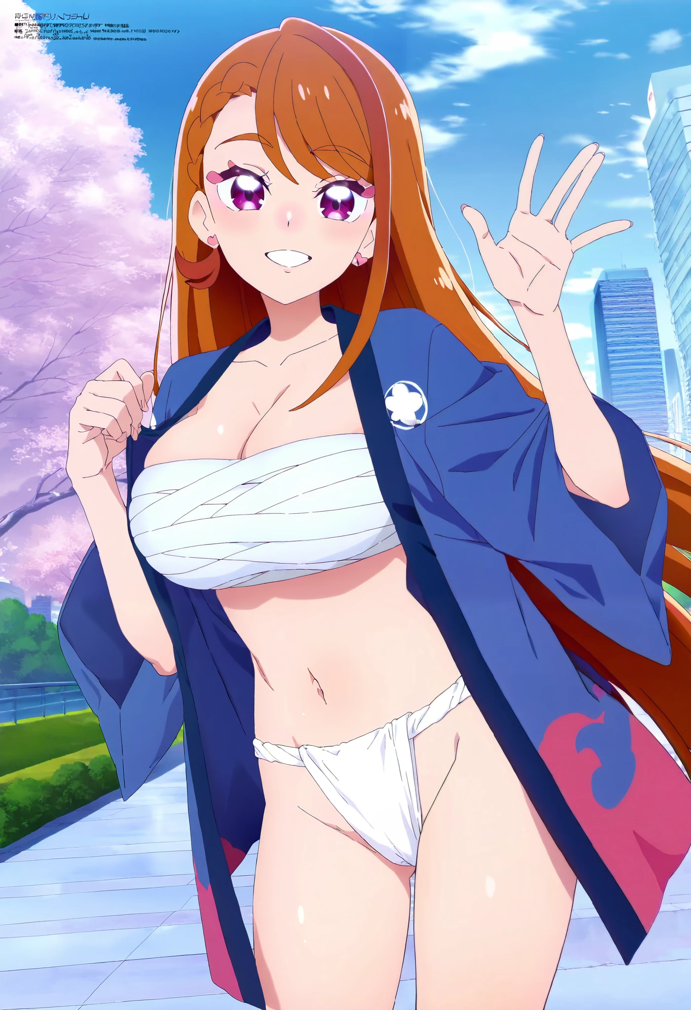 anime screencap, megami magazine, 1girl, hijiri ageha\(hirogaru sky! precure\), official art, large breasts, japan, white happi, sarashi, fundoshi, cowboy shot, smile, waving, outdoors, city, masterpiece, best quality, amazing quality