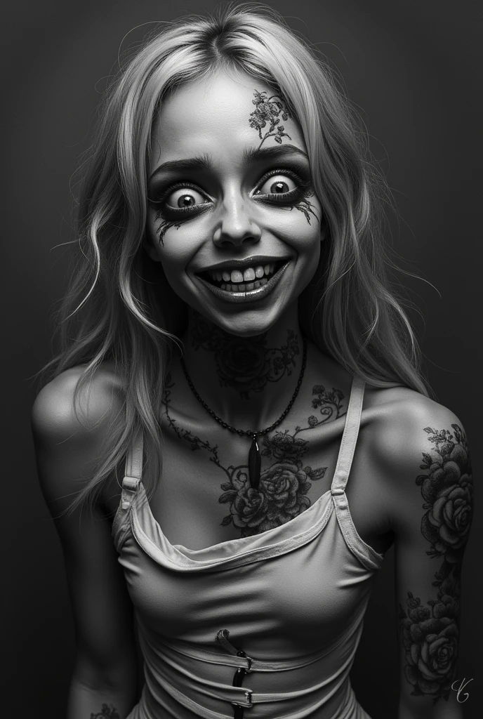 highest quality, High resolution,(Background made up of chains and ruins),Cute zombie girl、Splattering blood、amusement park、small eyes、(flat chest), Mr.々colored hair, realistic, masterpiece, super detailed, 8K, epic realistic, beautiful、Thick chains wrapped around his body、(A sewn-together body))、bold pose,Skin full of stitches,white lingerie