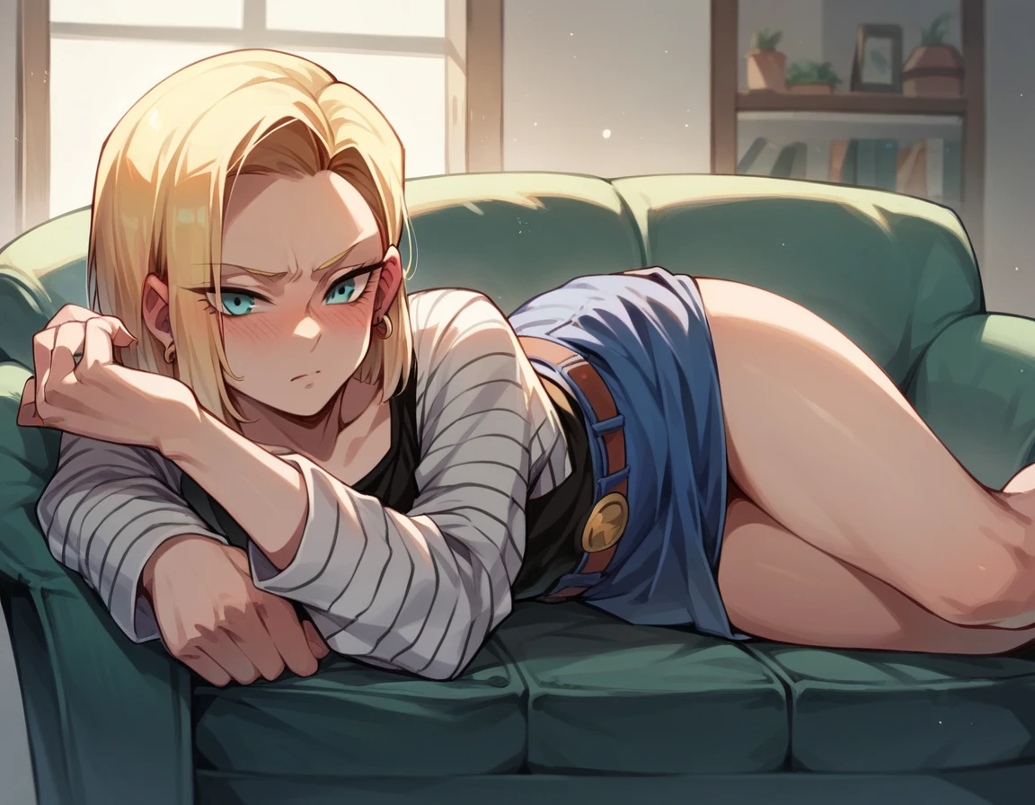Android 18, perfect hip, lying in an armchair, 1 girl, blushing - SeaArt AI