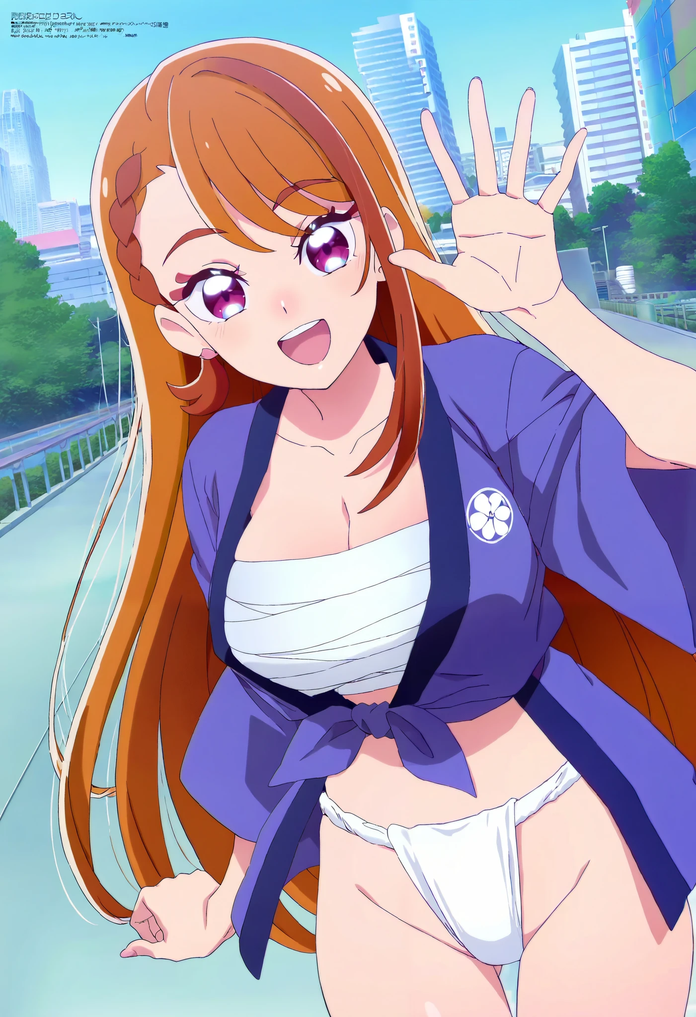 anime screencap, megami magazine, 1girl, hijiri ageha\(hirogaru sky! precure\), official art, large breasts, japan, white happi, sarashi, fundoshi, cowboy shot, smile, waving, outdoors, city, masterpiece, best quality, amazing quality