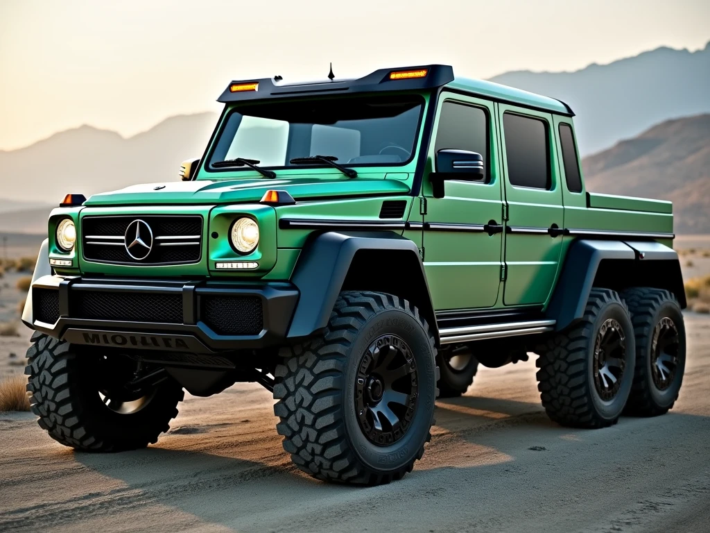 vibrant colors, depth of field, cinematic lighting, (ultra-detailed, masterpiece:1.3), Spectacular Marvel Cinematic style, an enlarged hybrid concept SUV, (6x6, 6 wheels:1.5), 9-passenger, 6 door, rear dual gate, /(Hummer|Mercedes Benz M63 AMG/), Alpine Green frosted and Black-out paint scheme, 37" monster off-road wheels, ultimate off-road package, lots of after-market amenities, more_details:-1, more_details:0, more_details:0.5, more_details:1, more_details:1.5, 