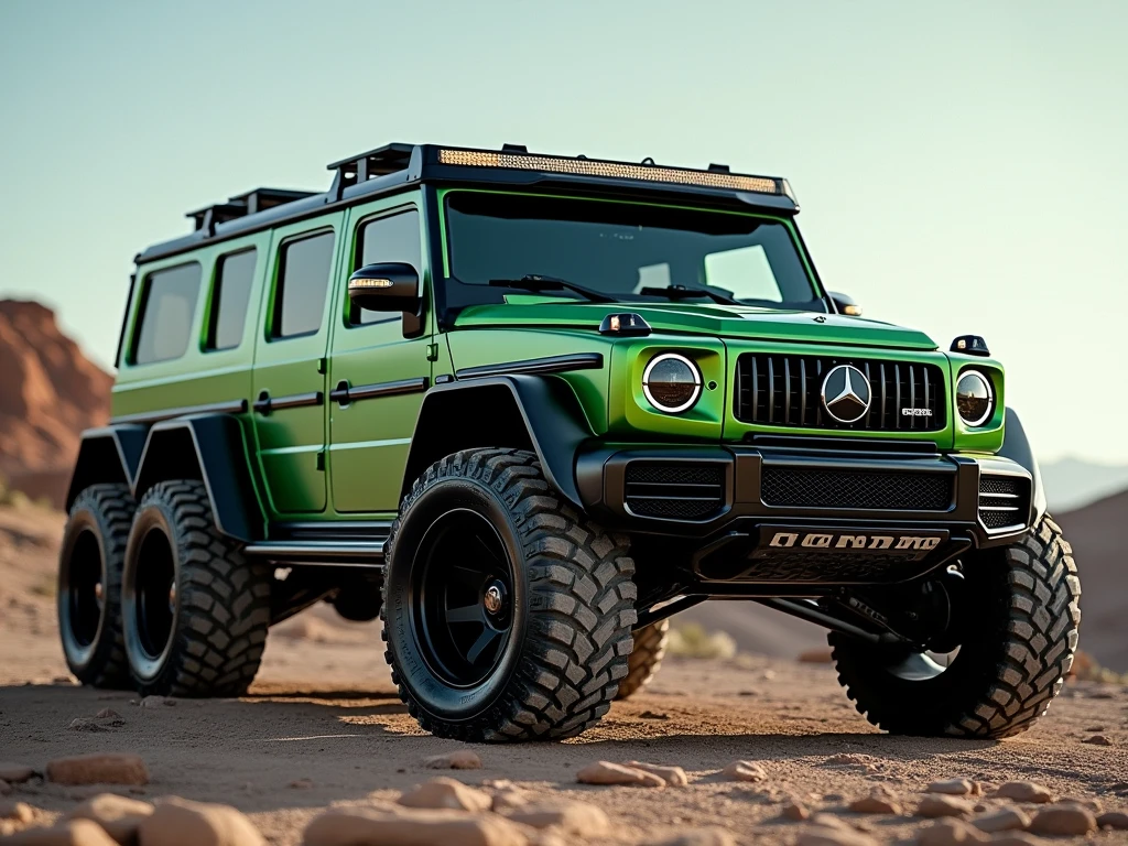 vibrant colors, depth of field, cinematic lighting, (ultra-detailed, masterpiece:1.3), Spectacular Marvel Cinematic style, an enlarged hybrid concept SUV, (6x6, 6 wheels:1.5), 9-passenger, 6 door, rear dual gate, /(Hummer|Mercedes Benz M63 AMG/), Alpine Green frosted and Black-out paint scheme, 37" monster off-road wheels, ultimate off-road package, lots of after-market amenities, more_details:-1, more_details:0, more_details:0.5, more_details:1, more_details:1.5, 