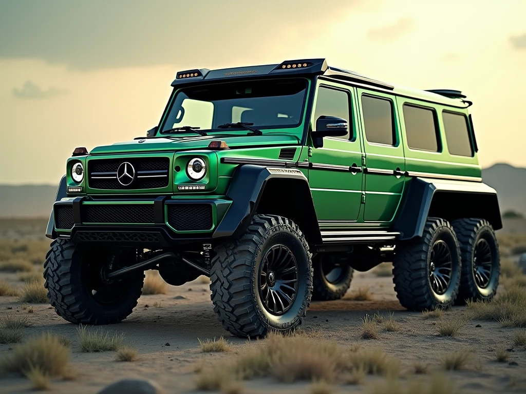 vibrant colors, depth of field, cinematic lighting, (ultra-detailed, masterpiece:1.3), Spectacular Marvel Cinematic style, an enlarged hybrid concept SUV, (6x6, 6 wheels:1.5), 9-passenger, 6 door, rear dual gate, /(Hummer|Mercedes Benz M63 AMG/), Alpine Green frosted and Black-out paint scheme, 37" monster off-road wheels, ultimate off-road package, lots of after-market amenities, more_details:-1, more_details:0, more_details:0.5, more_details:1, more_details:1.5, 