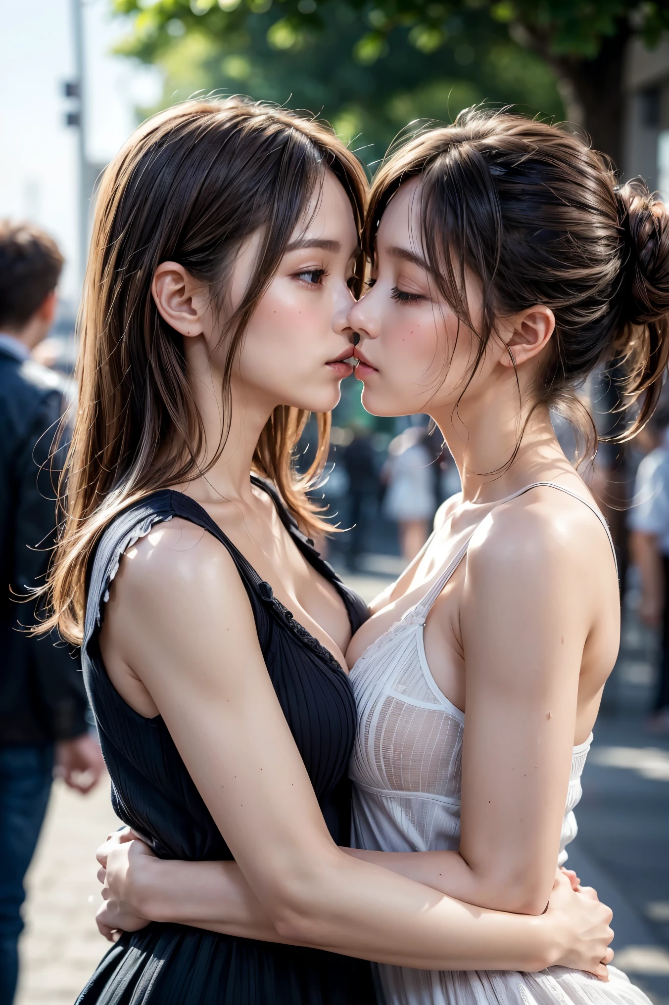 (Highest quality, 4K, 8k, High resolution, masterpiece:1.2), Very detailed, (Realistic, photoRealistic, photo-Realistic:1.37)、Two Girls、Japanese、Busy downtown area、Watched by a large audience、(Completely naked)、(Hair Color：Random)、(Hairstyle：Random)、((Kissing))、