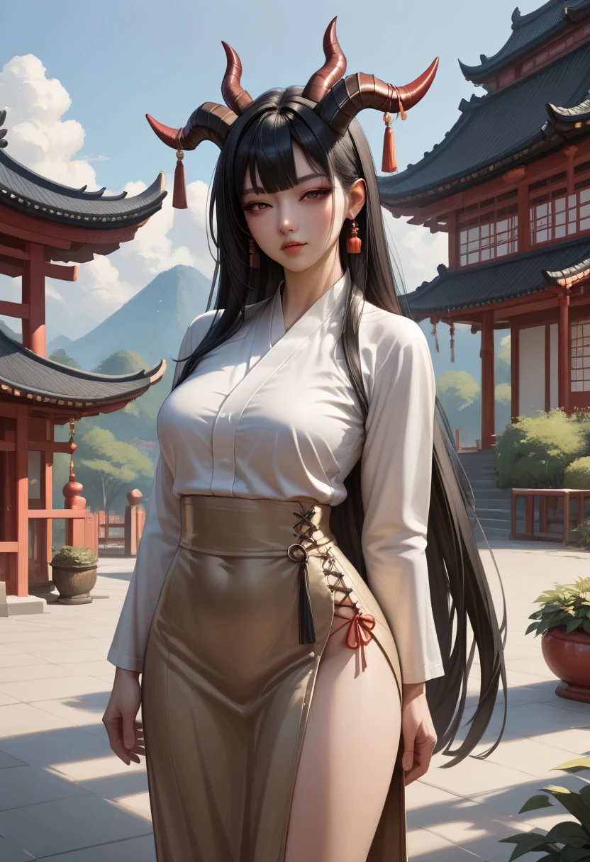 A female,SOLO,Wear a flowy Hanfu, Standing on a high platform, The background is a pavilion, black hair, hair strand, long hair, kanzashi, dragon horns, half-closed eye, drop shadow, stereogram, UHD, anatomically correct, high details