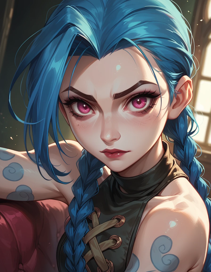 Jinx de League of Legends,  sitting on a shady throne in a powerful pose and tedious expression,  looking at the viewer .  She has pink eyes and long twin braids . Dutch camera angle , close up,  warm lighting for the adorable and fanciful mood .