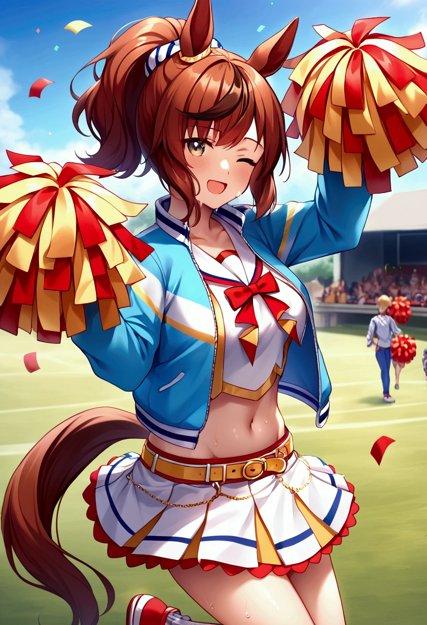 masterpiece, best quality,
nice nature \(umamusume\), solo,
full body, arm up, standing on one leg, stadium, smile, sweat, confetti,
looking at viewer, from below,
official alternate costume, cheerleader, ponytail, long sleeves, crop top, white shirt, sailor collar, midriff, navel, blue jacket, open jacket, belt, layered skirt, pleated skirt, white skirt, miniskirt, thigh strap, orange shorts, white socks, red footwear, sneakers,
<lora:nice_nature_loha:0.8>