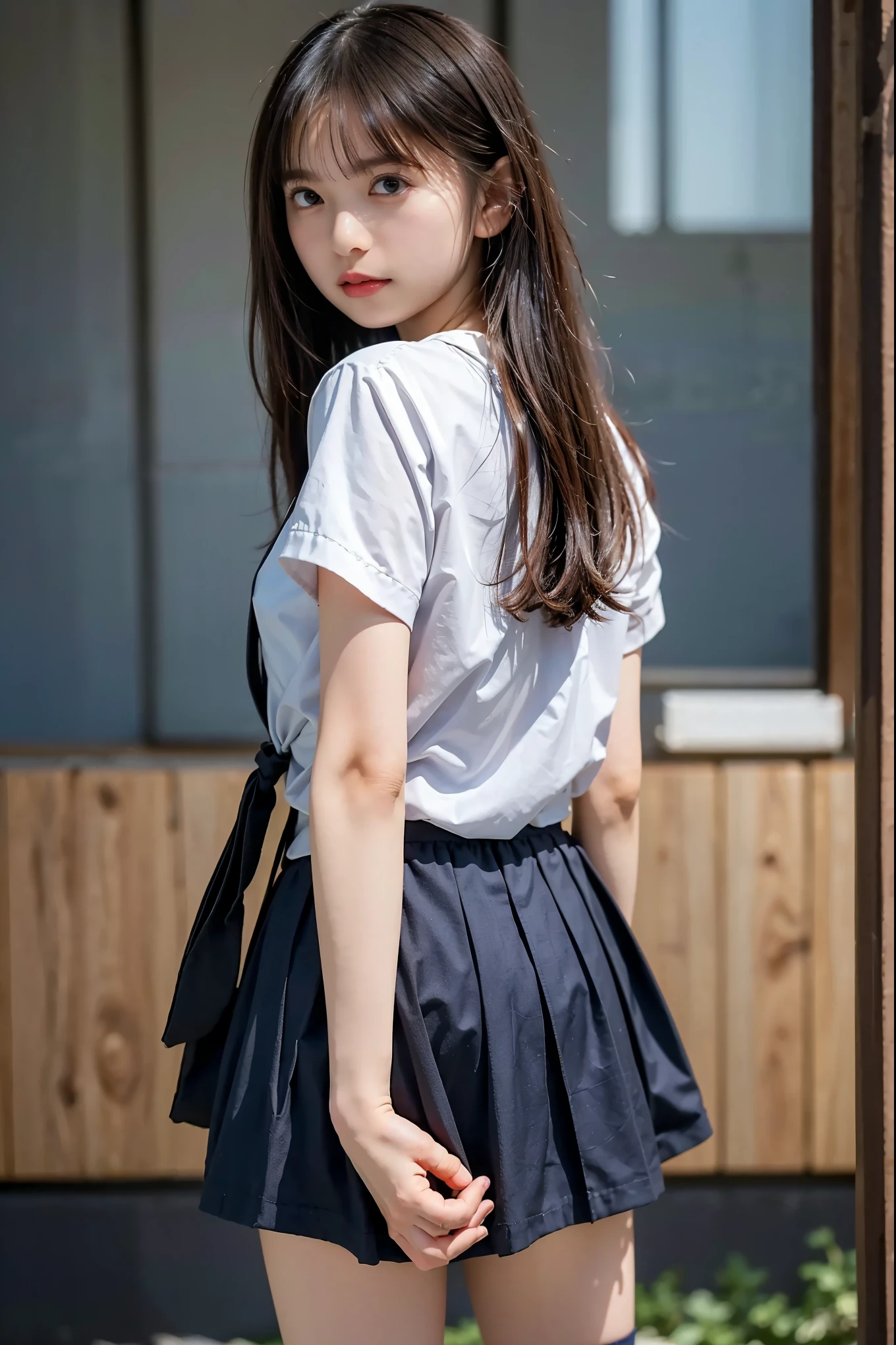 1 person、(8k、 RAW Photos、Best Quality、 High Quality、 masterpiece:1.2)、( real、 real)、1 person、( DARK BROWN HAIR MEDIUM HAIR、Y shirt with white collar 、tie、Breast enlargement、 Blue Check Mini Short Skirt、 shiny skin、Thin legs、(Loose fitting socks、 wearing loose socks:1,2)、 sneakers、 front view、School grounds、( stand with your hands on your lower back, standing:1,2))、 cute、Show me your whole body、 surreal high school girl、 high school girl,