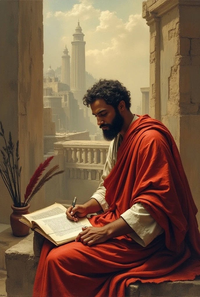 A young, handsome Stoic philosopher with a well-proportioned and attractive physique, sun-kissed skin, very short and well-trimmed beard, and wavy and well-styled hair. He is dressed in classic tunics in soft earthy tones - gray, brown, and olive green - with subtle gold and copper details, which fall gently on his body, subtly revealing his shoulder. He is depicted in a bright, open Roman forum or study, engaging in a lively discussion with other scholars or examining new scrolls and texts. The environment is filled with books, open scrolls, and natural light streaming through large windows or open spaces, symbolizing openness to new perspectives and the pursuit of truth. The scene is painted in an impressionist style, with dramatic brushstrokes capturing clear, warm light and an inviting atmosphere to represent the philosopher's transformation and acceptance of reality. Camera shot: medium shot, Camera: Canon EOS R6 Mark II, Lens: 85mm, Film stock/Resolution: High Resolution, Quality: 4K, hyperrealistic, Render: Unreal Engine 5.