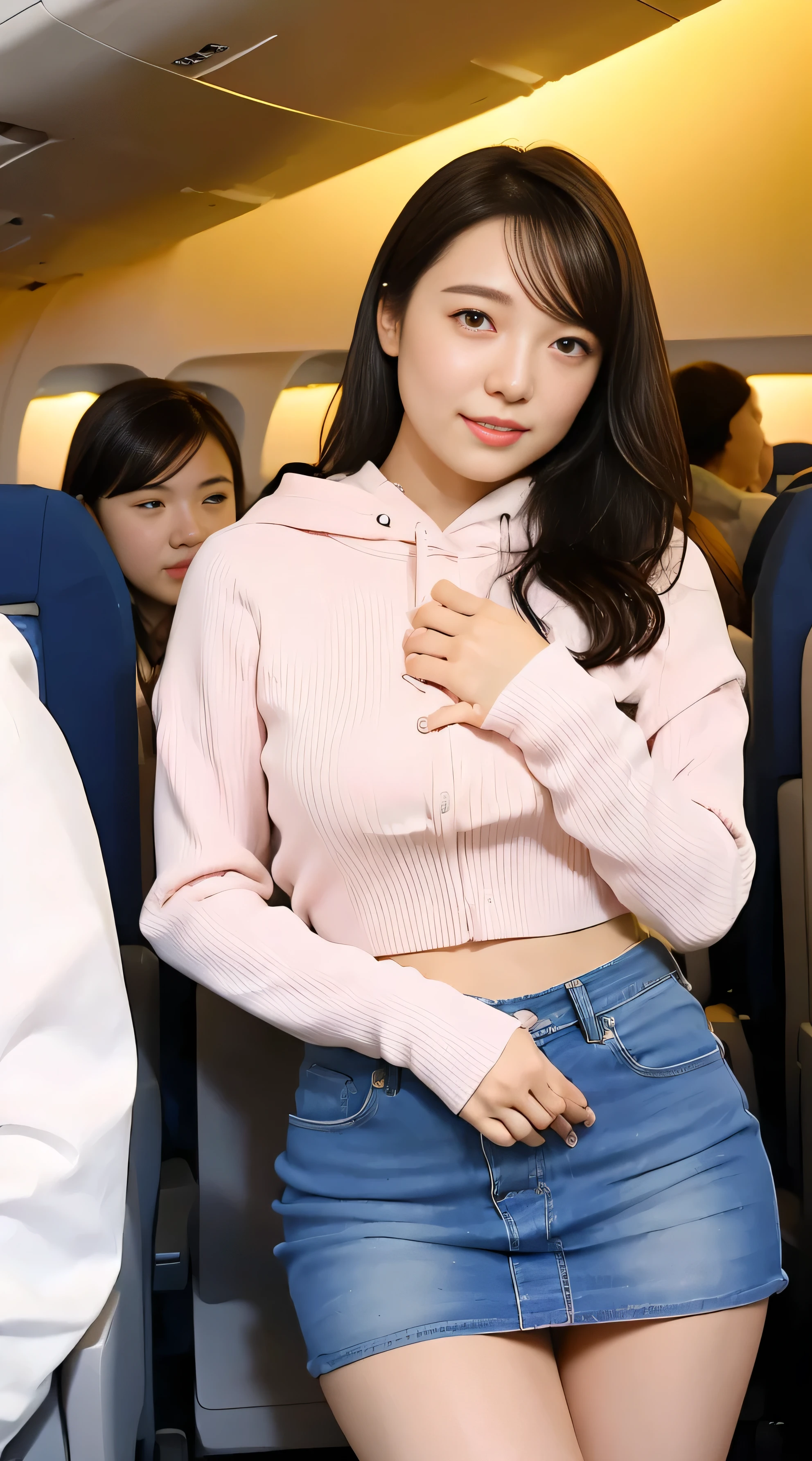 highest quality, masterpiece, 8k, 超A high resolution, (Photoreal:1.4), 1 girl、beautiful face、symmetrical eyes、big breasts、perfect body proportions、hooded hoodie、denim mini skirt、look at the audience、(Inside the plane:1.2)、View from the front、shoulder、angle from below、view from below、Thigh emphasis、big breasts、seductive pose、pink lace panties、detailed lace panties、detailed skirt pattern、skirtlift
