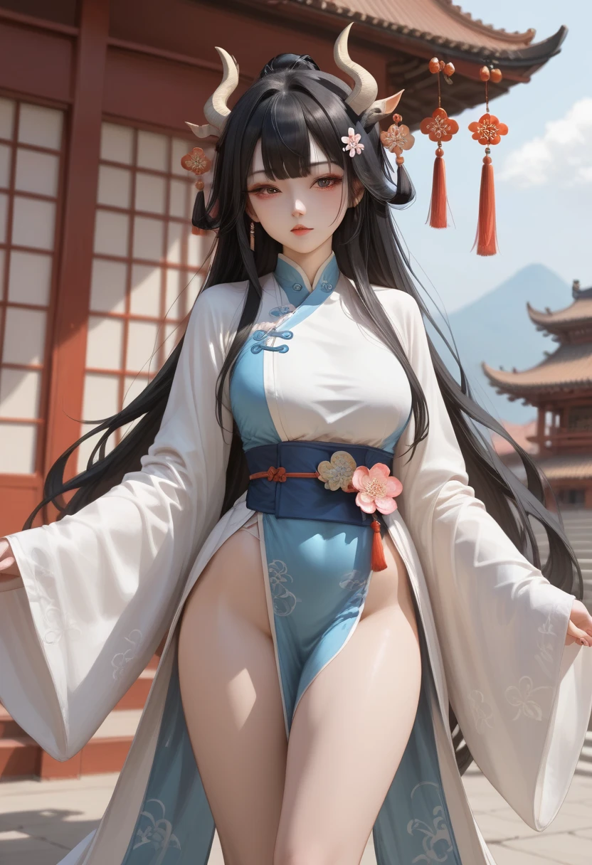 A female,SOLO,Wear a Chinese Hanfu, Standing on a high platform, The background is a pavilion, black hair, hair strand, long hair, kanzashi,Chinese dragon horns, half-closed eye, drop shadow, stereogram, UHD, anatomically correct, high details