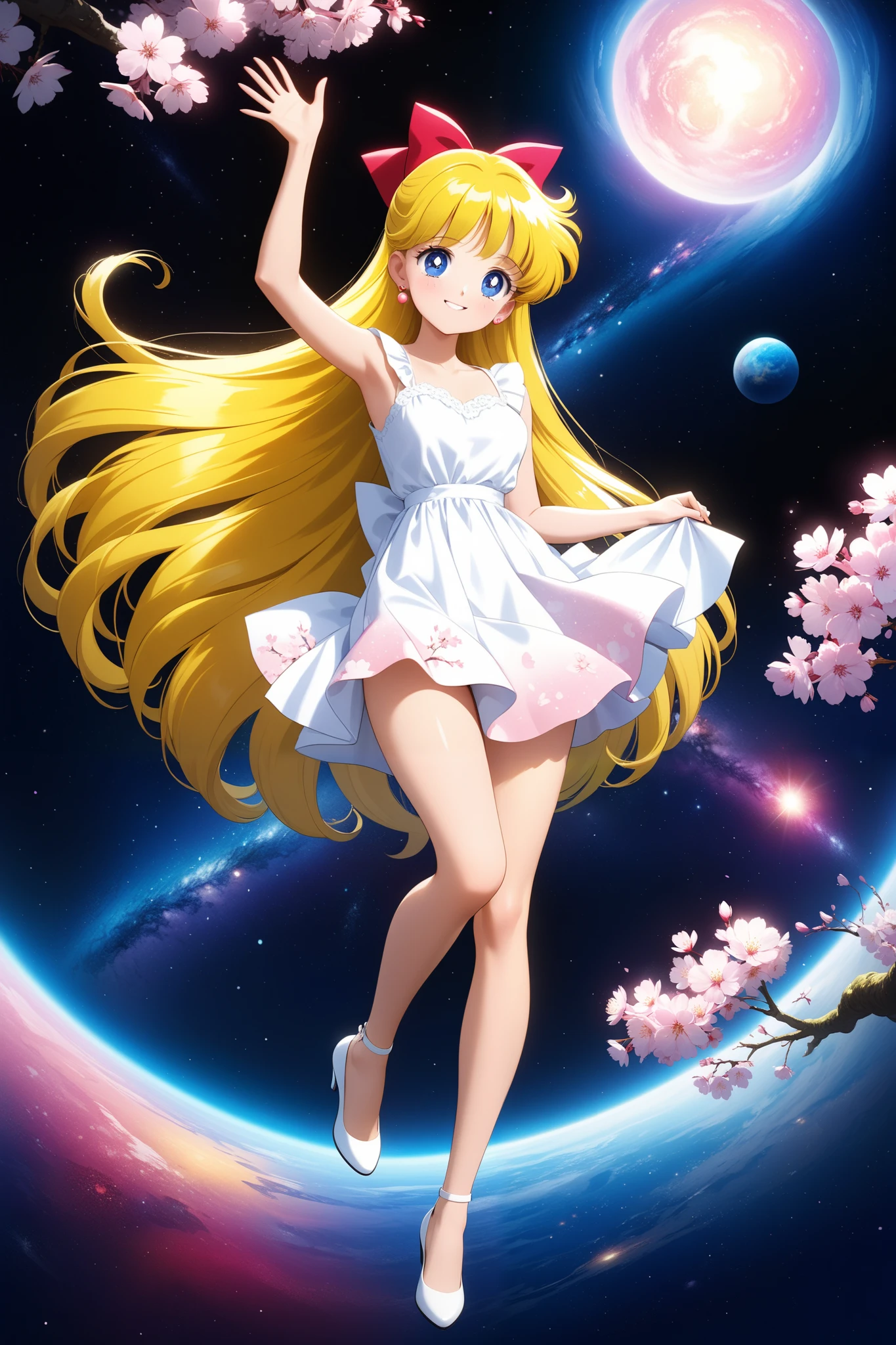 colorful, (masterpiece, best quality, very aesthetic , ultra detailed), intriguing details , 4K, aavenus, long hair, blonde hair, hair bow, combed to the side, earrings, blue eyes, 1girl, usagi's birthday, cute white dress, pink cherry blossoms printed, smile,  detailed galaxy in space  background, intricate details, full body in jump, waving, black night, Various sexy poses、Depicts the whole body