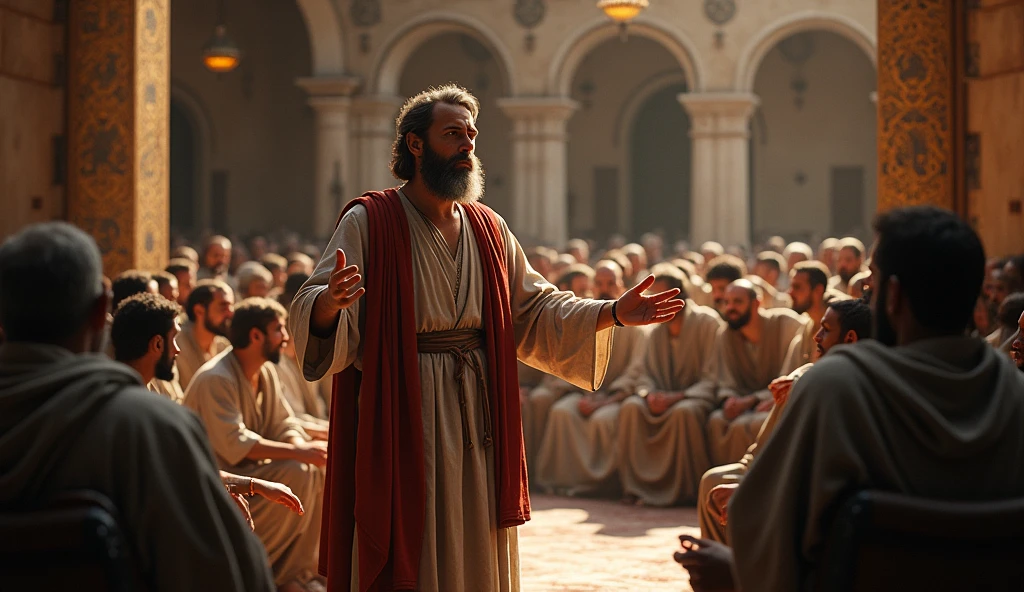 arafed image of a man in a robe speaking to a group of people, the lord and savior, jesus of nazareth, scene from live action movie, biblical clothing, inside the tomb of jesus, still from a live action movie, interesting background, high quality image, by Kurt Roesch, by Bernard Meninsky, highlight scene of the movie