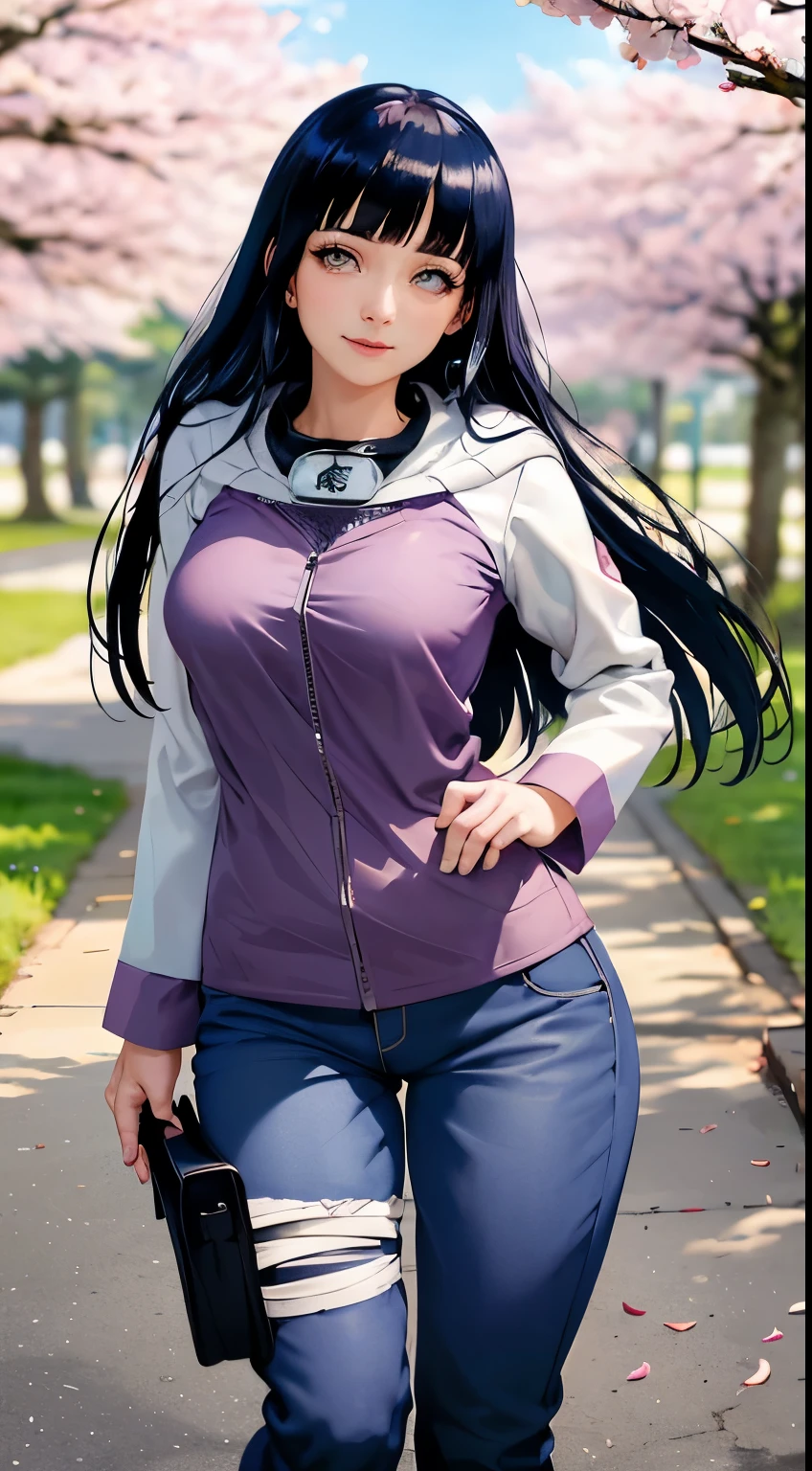 masterpiece, absurdres, 1girl, hinata, solo,hooded jacket, fishnets, looking at viewer, floating hair, wind, blue pants, , hinata,<lora:divine-hinata-20:0.9>,(looking at viewer:1.2), natural lighting, outdoors, full body, forehead protector, hoodie, sexy pose, lewd pose