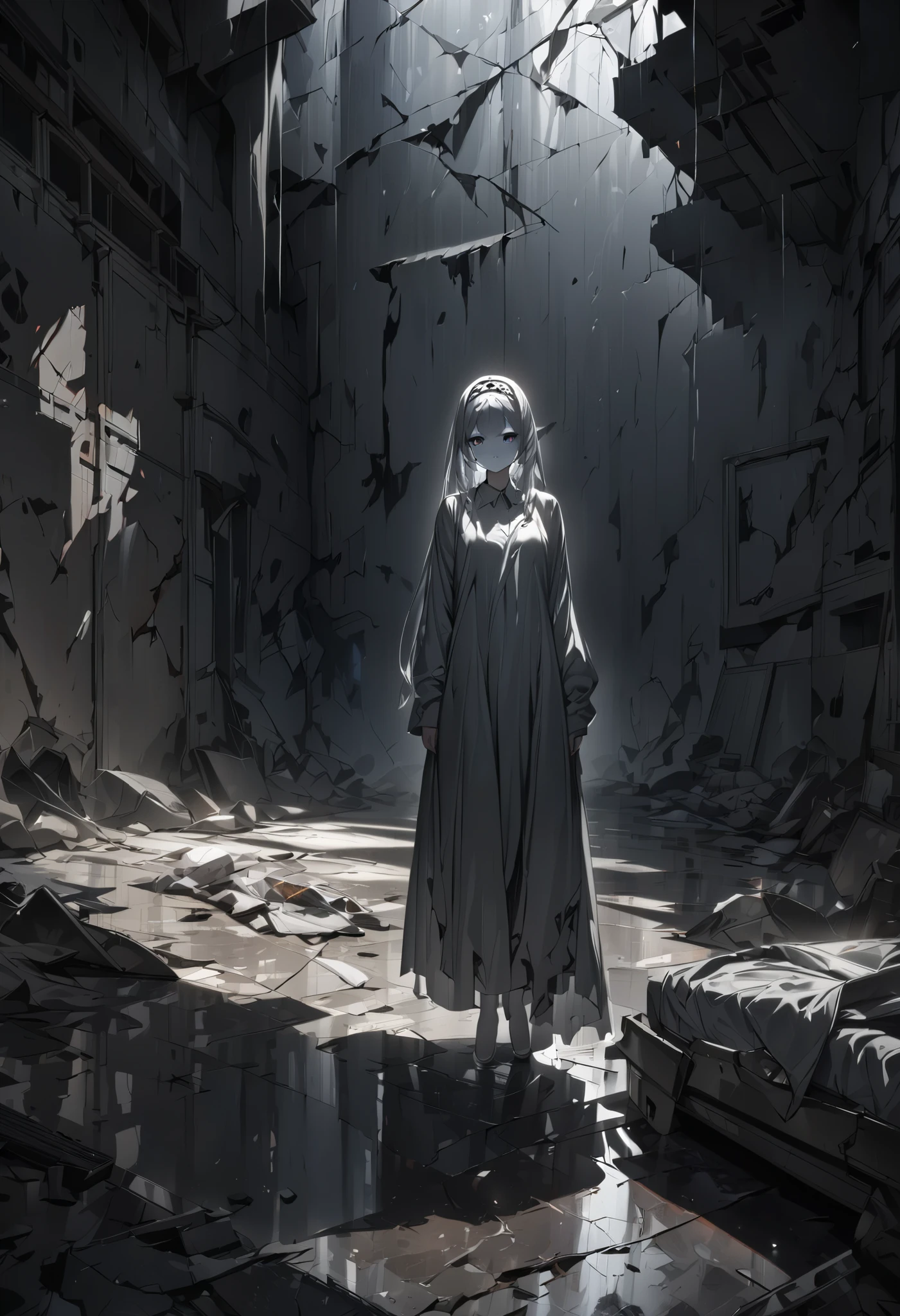 masterpiece, best quality, 8k, highres, ultra-detailed, HDR, UHD, ultra-fine painting,naked girl,fullbody, Transparent white skin,silver hair,side pony, side bang, layered bob, headband braid,front view,dark gothic, glowing dark eyes, black dress flowing,faint mist surrounding her, ominous and unsettling, abandoned hospital, cracked walls and floor, broken bed, debris scattered on the ground, dim lighting, eerie atmosphere, soft light casting shadows, dark and mysterious mood, horror theme, supernatural presence