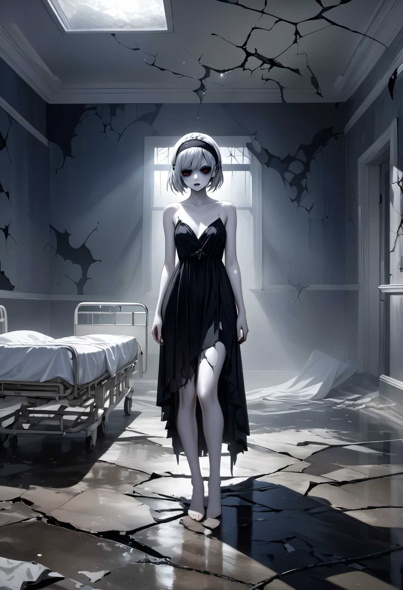 masterpiece, best quality, 8k, highres, ultra-detailed, HDR, UHD, ultra-fine painting,naked girl,fullbody, Transparent white skin,silver hair,side pony, side bang, layered bob, headband braid,front view,dark gothic, glowing dark eyes, black dress flowing,faint mist surrounding her, ominous and unsettling, abandoned hospital, cracked walls and floor, broken bed, debris scattered on the ground, dim lighting, eerie atmosphere, soft light casting shadows, dark and mysterious mood, horror theme, supernatural presence