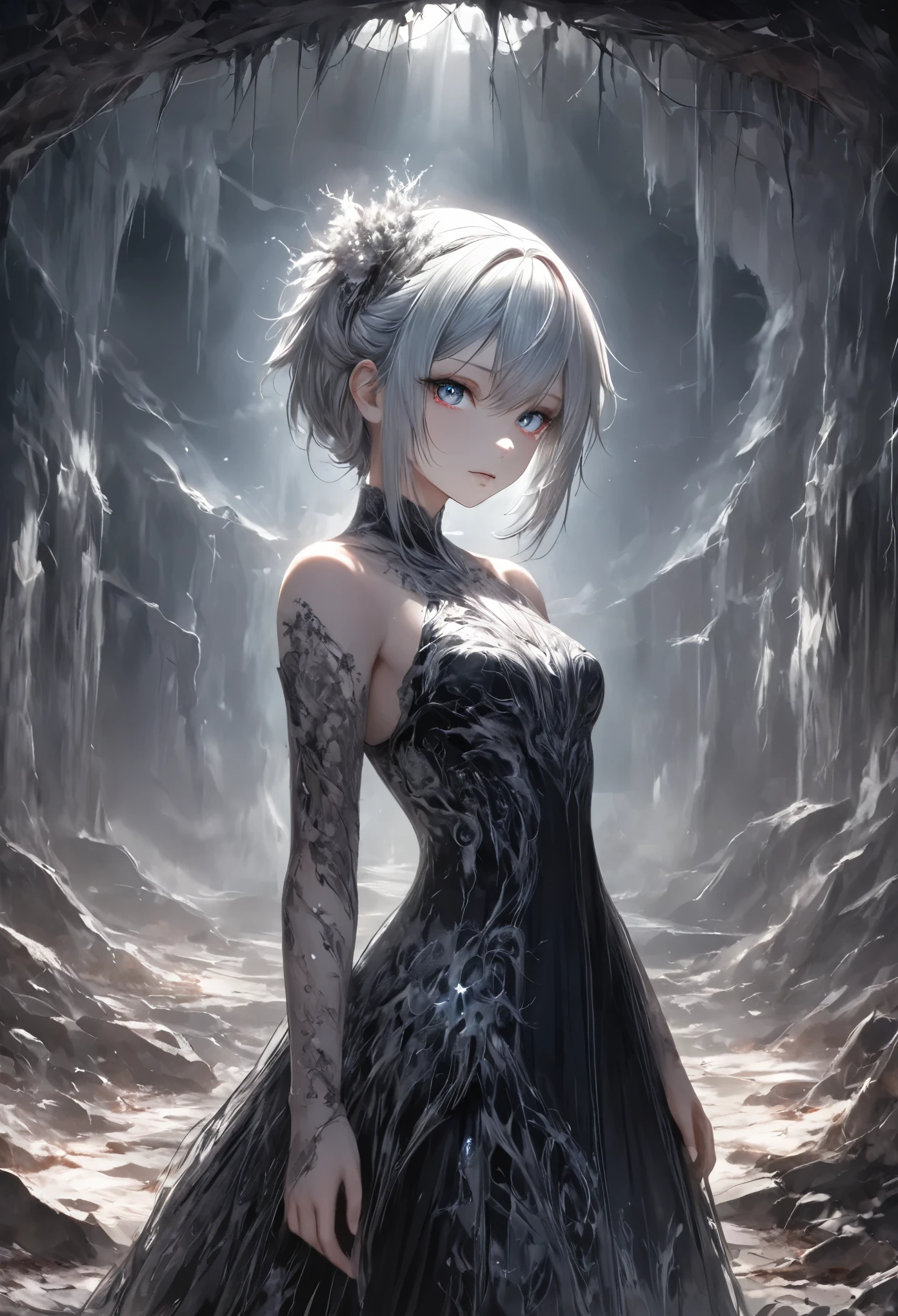 masterpiece, best quality, 8k, highres, ultra-detailed, HDR, UHD, ultra-fine painting,naked girl,fullbody, Transparent white skin,silver hair,side pony, side bang,
layered bob,
headband braid,
masterpiece,girl close up,dark gothic, glowing dark eyes, black dress flowing,faint mist surrounding her, ominous and unsettling, abandoned hospital, cracked walls and floor, broken bed, debris scattered on the ground, dim lighting, eerie atmosphere,  soft light casting shadows, dark and mysterious mood, horror theme, supernatural presence