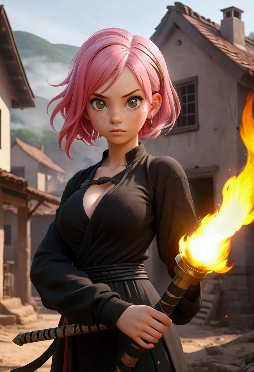 young girl, pink hair, big breast, black shirt, Fire Sword, configuration: Destroyed village, houses on fire. black creatures, Shadow Specters , amber eyes, Conceptual art, cinematographic lighting, drop shadow, diffraction peaks , ultra wide angle , hasselblad, ultra high definition , masterpiece, Anatomically correct, 1080P, 4k, 8K, Best quality
