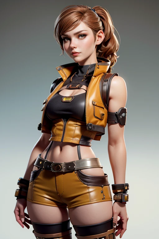 Young woman with robotic body with tubes and cables, Steampunk style, shorts, yellow skirt, brown vest,  natural lighting ,  ultra resolution ,  plain white background , without patterns, No textures.