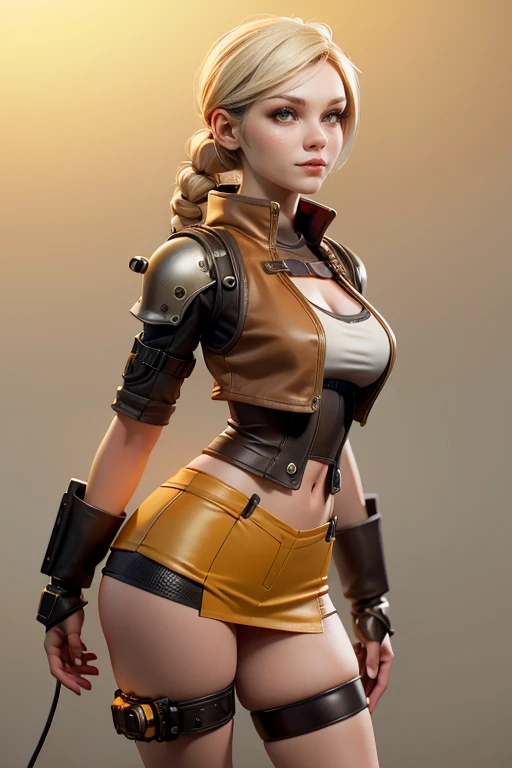 Young woman with robotic body with tubes and cables, Steampunk style, shorts, yellow skirt, brown vest,  natural lighting ,  ultra resolution ,  plain white background , without patterns, No textures.