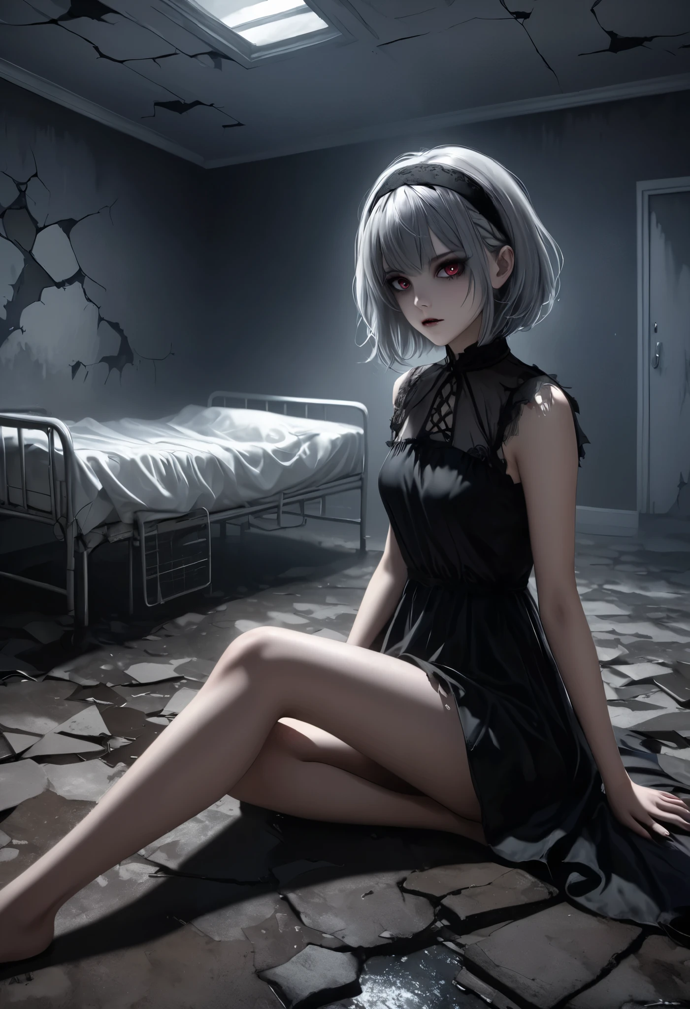 masterpiece, best quality, 8k, highres, ultra-detailed, HDR, UHD, ultra-fine painting,naked girl,fullbody,silver hair, side bang, layered bob, headband braid, masterpiece,girl close up,dark gothic, glowing dark eyes, black dress flowing,faint mist surrounding her, ominous and unsettling, abandoned hospital, cracked walls and floor, broken bed, debris scattered on the ground, dim lighting, eerie atmosphere, soft light casting shadows, dark and mysterious mood, horror theme, supernatural presence