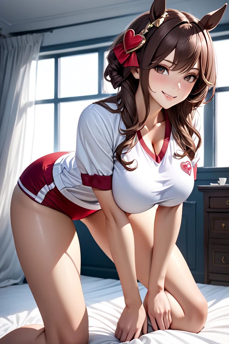 A woman posing at bed room and heart hair accessory, Enchanting anime girl, Realistic,masterpiece,gentildonna,Tucked up, shy,seductive smirk,white gym uniform,cleavage,red highleg buruma,huge breast,standard hip,hands on knee,horse ear,bend down,open stance,full body shot,dark brown hair