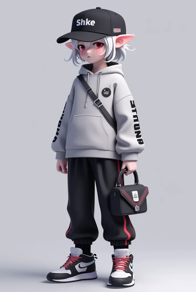 3D，1girl,badge,bag,baseball cap,black headwear,chromatic aberration,closed mouth,clothes writing,full body,gradient,gradient background,grey background,hat,hoodie,jewelry,long sleeves,pointy ears,shadow,shirt,shoes,short hair,sneakers,solo,standing,sweater,tentacle hair