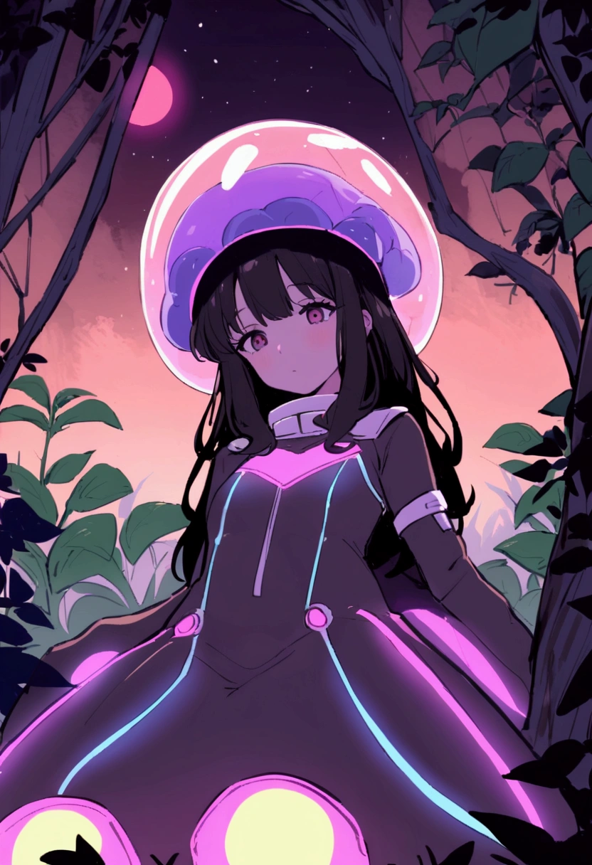 a cute woman (sexy space explorer, lit neon trim, bubble helmet, science tools) is examining plants and animals on an alien forest world, her 50s rocket ship nearby, a tentacle rape beast in shadows