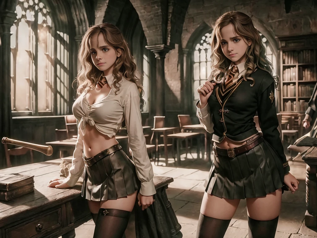 (((Hermione granger))) ((from harry potter))((HD)) (((breasts)))((8K)))(((He wears the Howards uniform )))()) (( full body ))((green hair))(((Amazing )))hot, beautiful,((Horny)), 8K,  stripes everything like an unreal ray tracing engine render  ((hyperrealistic human style)),(((empty dark background))), naughty Hermione Granger, seductive smile, over shoulder, kinky, slutty Hogwarts uniform, deep wine red and gleaming black, playful rebellion, short skirt, tantalizing glimpse, black fishnet stockings, high-heeled platform boots, blouse, unbuttoned, teasing, ample cleavage, loosened tie, barely concealed midriff, studded leather belt, cinches waist, hips, swayed to one side, holding wand, hair falls in wild waves down her back, passion, glasses, newfound dominance, secret, forbidden world of Hogwarts, dim light, alluring glow on her skin, gold "HG" necklace, casting shadows, Hogwarts library, seductive playground, rebellious, sensual,