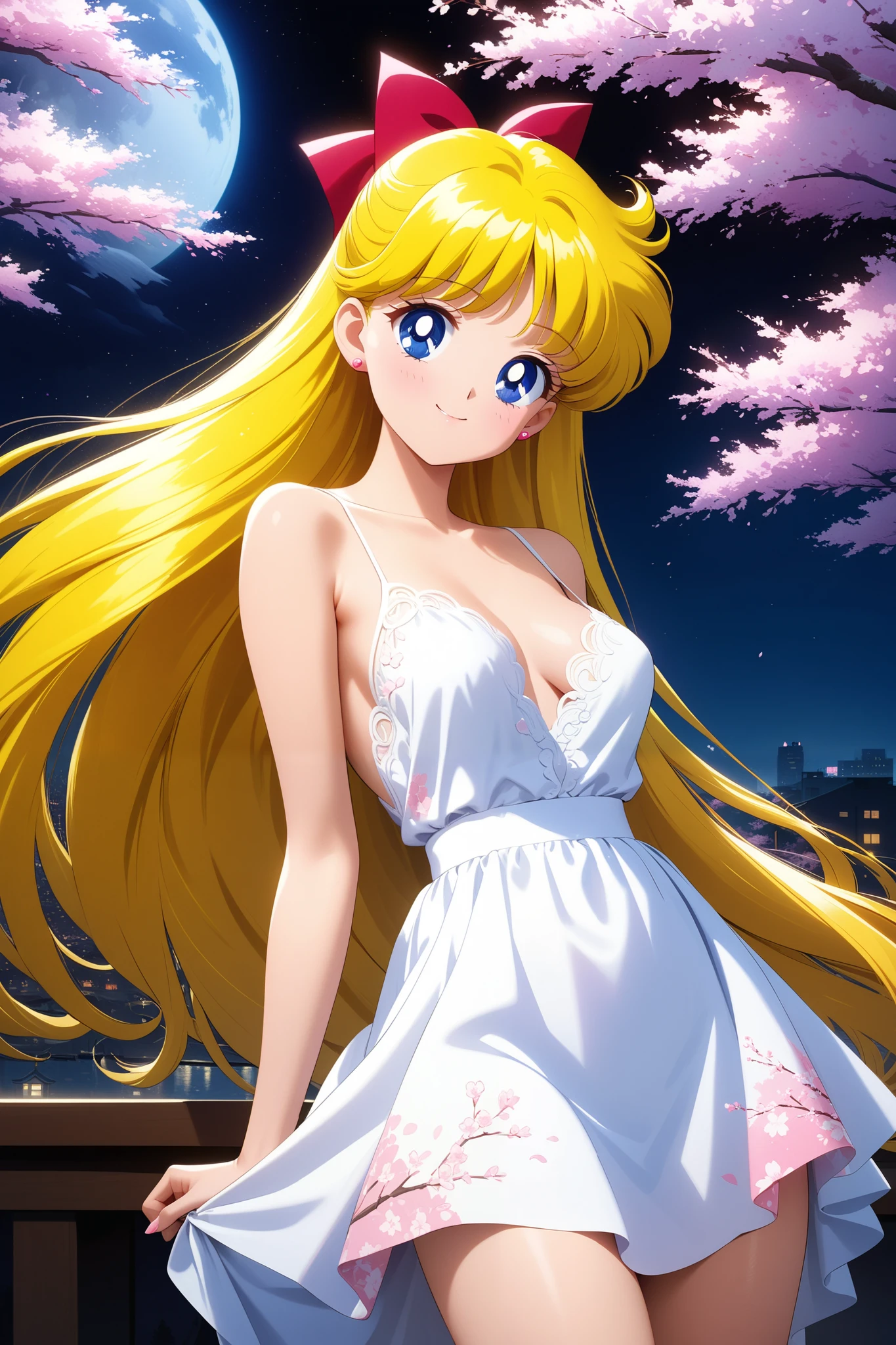 colorful, (masterpiece, best quality, very aesthetic , ultra detailed), intriguing details , 4K, aavenus, long hair, blonde hair, combed to the side, earrings, blue eyes, 1girl, usagi's birthday, cute white dress, pink cherry blossoms printed, smile,  detailed background, intricate details, black night, Various sexy poses、Depicts the whole body