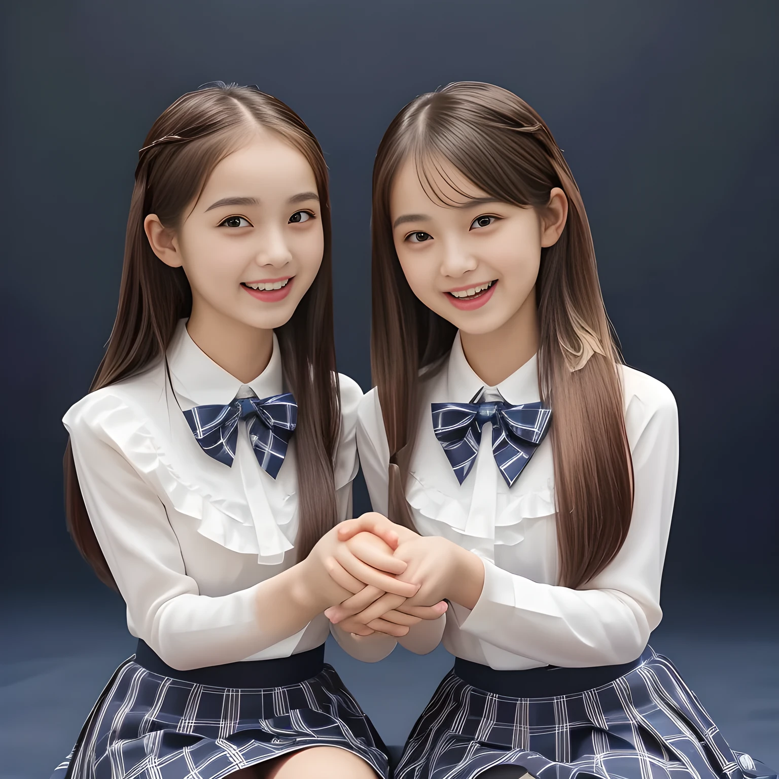 (Highest quality, masterpiece:1.2), Highest quality, High resolution, 1080P, 8k, height: 150cm, (Two yo Japanese beautiful idols are seated and touching hands together, cute skirt with beautiful knees, putting her hands front and beautiful fingers, looking at the viewer, can't stop showing cute smile open mouth because of feeling too funny about the viewer, very white-white face, very proud of her long straight hair, using face-whitening cosmetics, 13irl's prominent eyes, opened laughing giggling most open mouth, too expensive luxurious glossy feminine frilled ivory silk blouse, woolen navy-checkered-pleats-school-skirt and bewitching ribbon on the breast, well-straitened super-super-long well-trimmed long hair: 1.5), (white thighs and knees: 1.7), (Well-balanced, prominent, lovely, drooping, double-eyelids, brown shiny large prominent eyes of 13yo il with detailed: 1.5), ((Beautiful well-figured glossy opened laughing lips: 1.2)), (mature breast), (Girl whom everyone loves because of her beauty and beautiful eyes and lovely fashion and noble manner), (Very beautiful, super-glossy, cute neat black amazingly long hair, straight well-done long hair-style: 1.3), (plain blue background: 1.6), (Best style like a 14yo fason model, mature breast), (((Completely balanced beautiful big big eyes, looking at me))), (eyes, face and hair are especially beautifully detailed and beautifully drawn: 1.5), (Satisfactory best shot by professional famous photographer for school girl's beauty: 1.5), (The soft white light clearly shows her face extremely white: 1.2), (Feel too luxurious and expensive, girly frilled), (KANKO uniform, Twins, A pair of cute slender 14yo Japanese idols, Super long hair 14yo beautiful super-cute 14yo idol of girls photo magazine in Japan are holding shampoo bottle together by hands: 1.8)